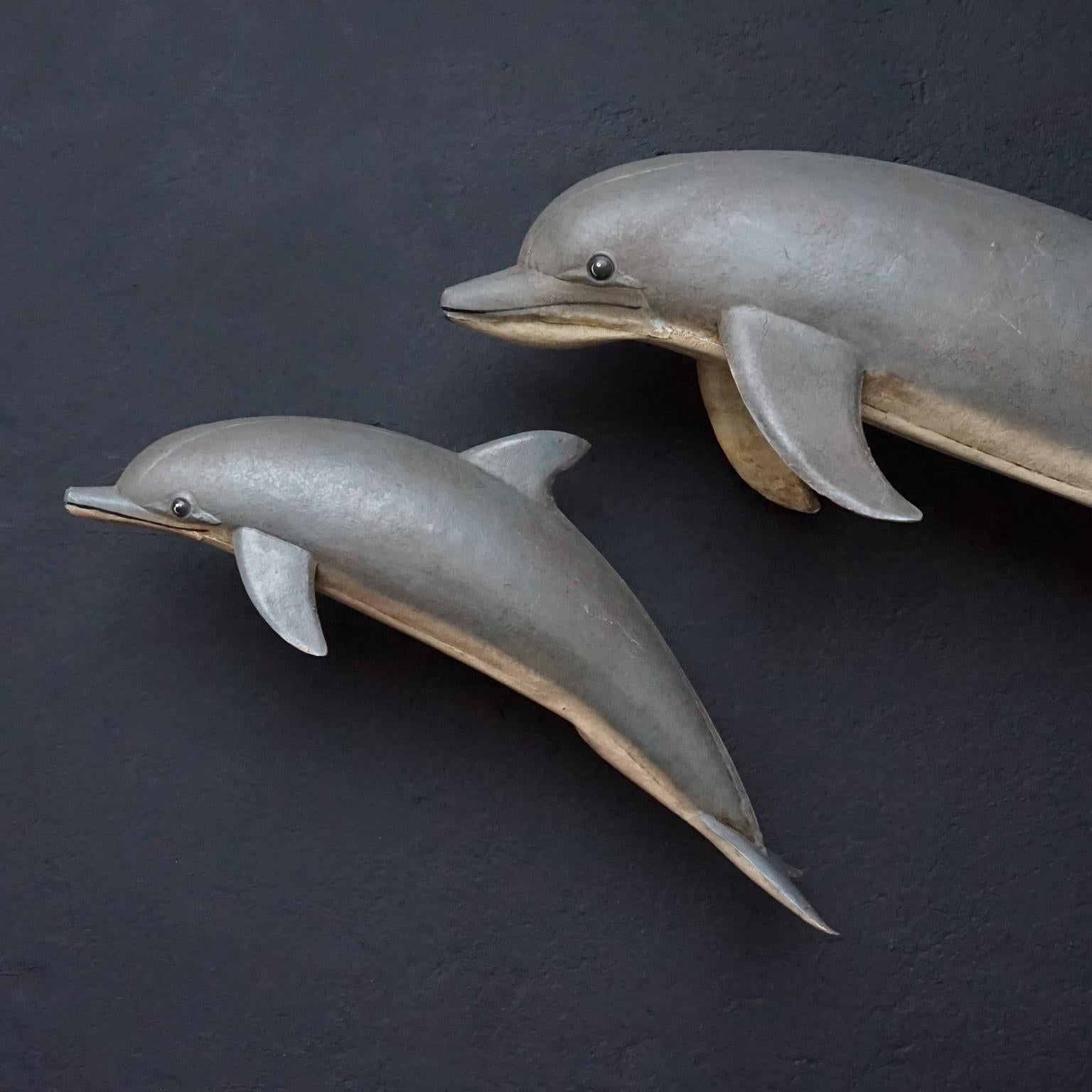 1960s Midcentury French Painted Tin Dolphins Wall Decoration Advertisement Sign In Fair Condition In Haarlem, NL