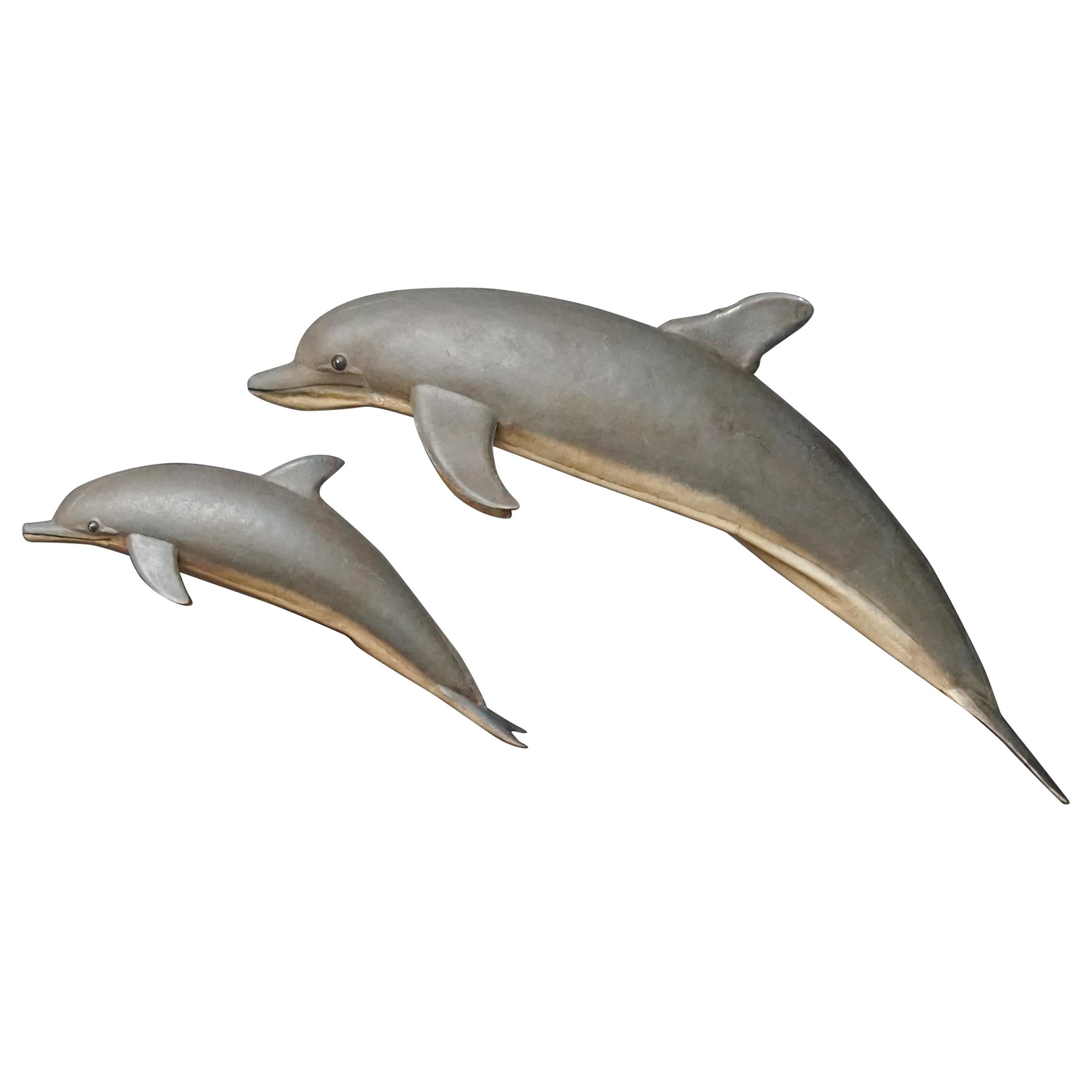 1960s Midcentury French Painted Tin Dolphins Wall Decoration Advertisement Sign