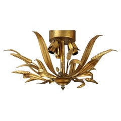 1960s Mid-century Gilt Metal Wheat Flush Mount, Coco Chanel Style