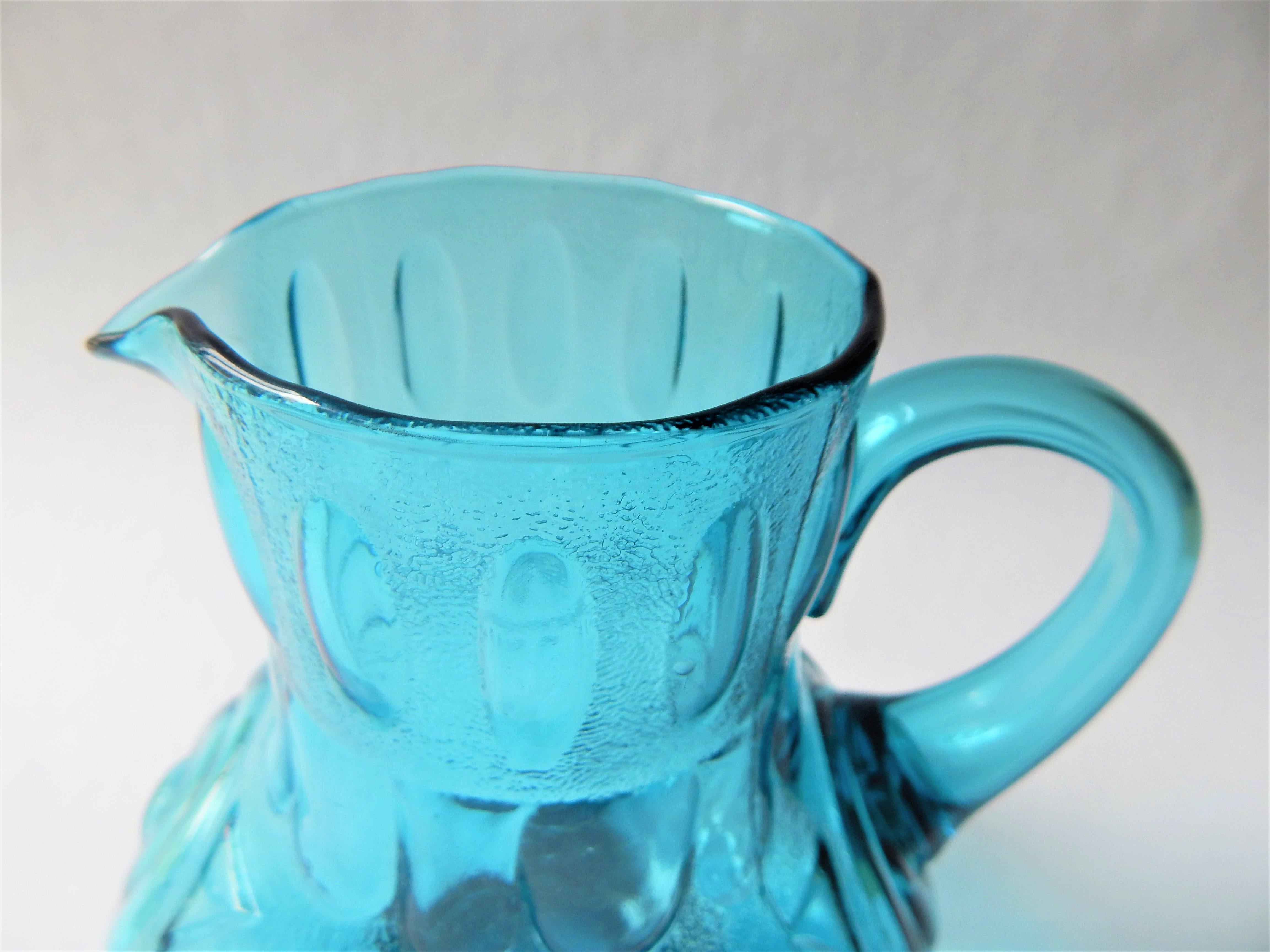 1960s Blue Glass Pitcher with Abstract Design. Marked Made in Italy. 
Excellent Condition. 