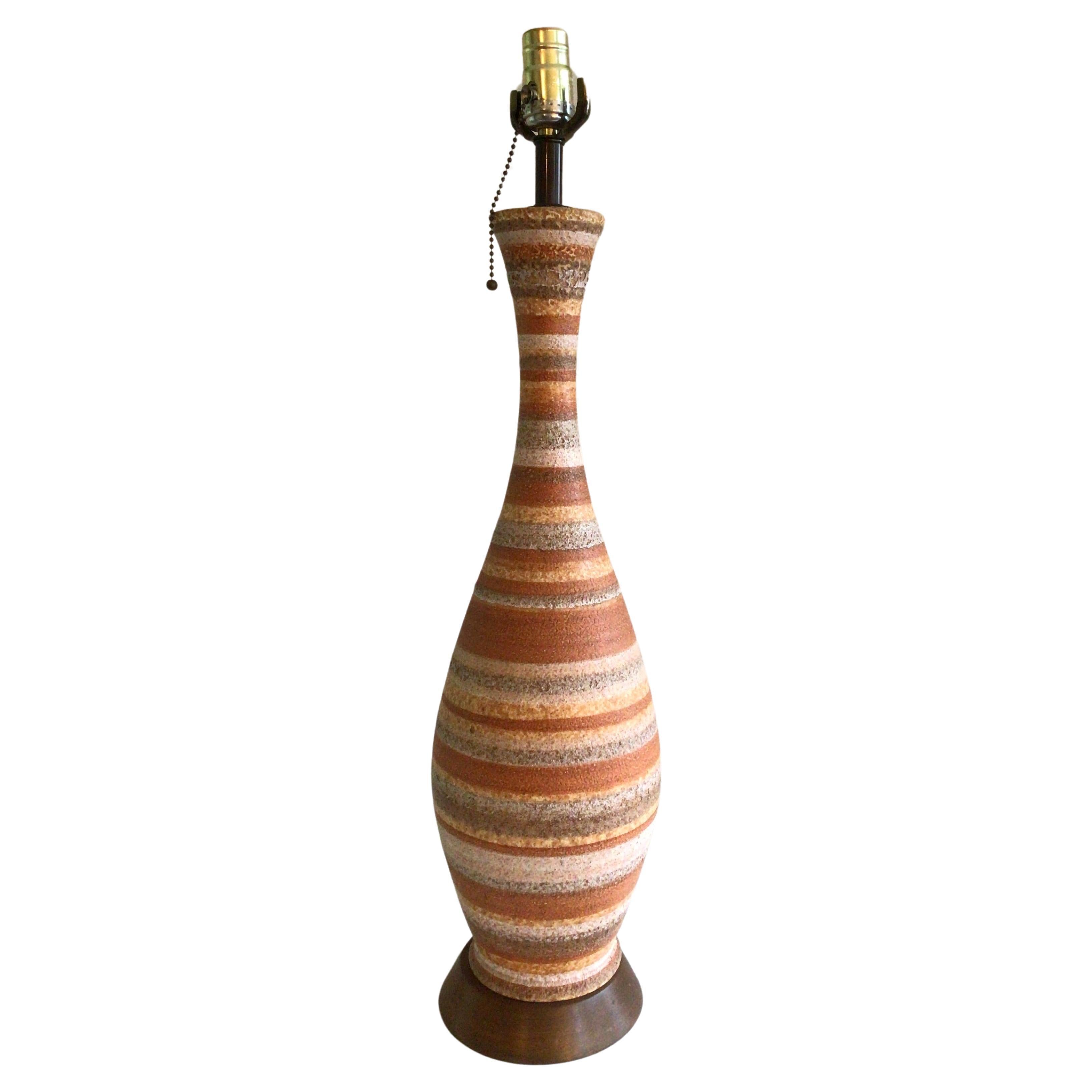 1960s Mid Century Glazed Ceramic Table Lamp With Wood Base