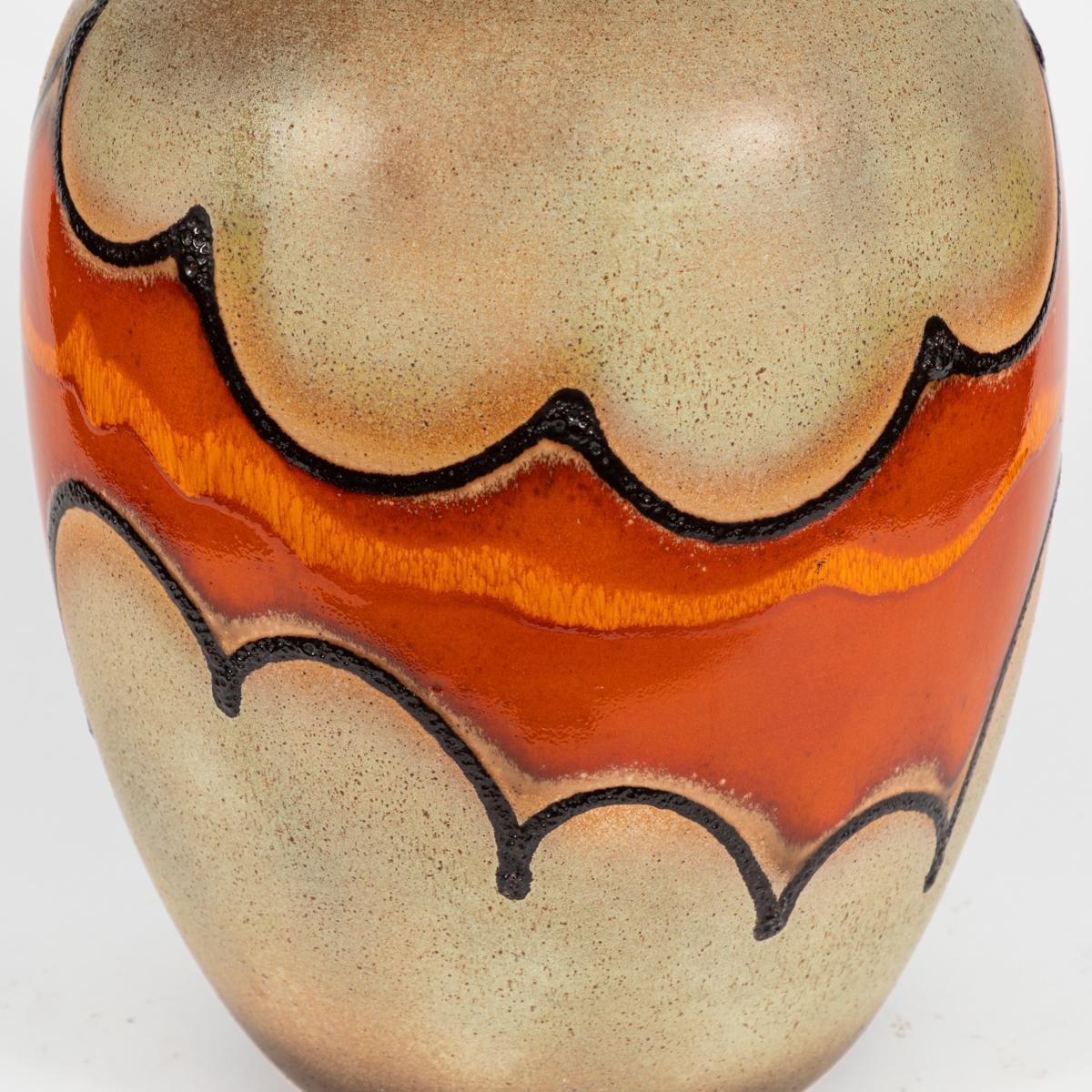 1960s mid-century glazed vase with orange red accent from Germany.