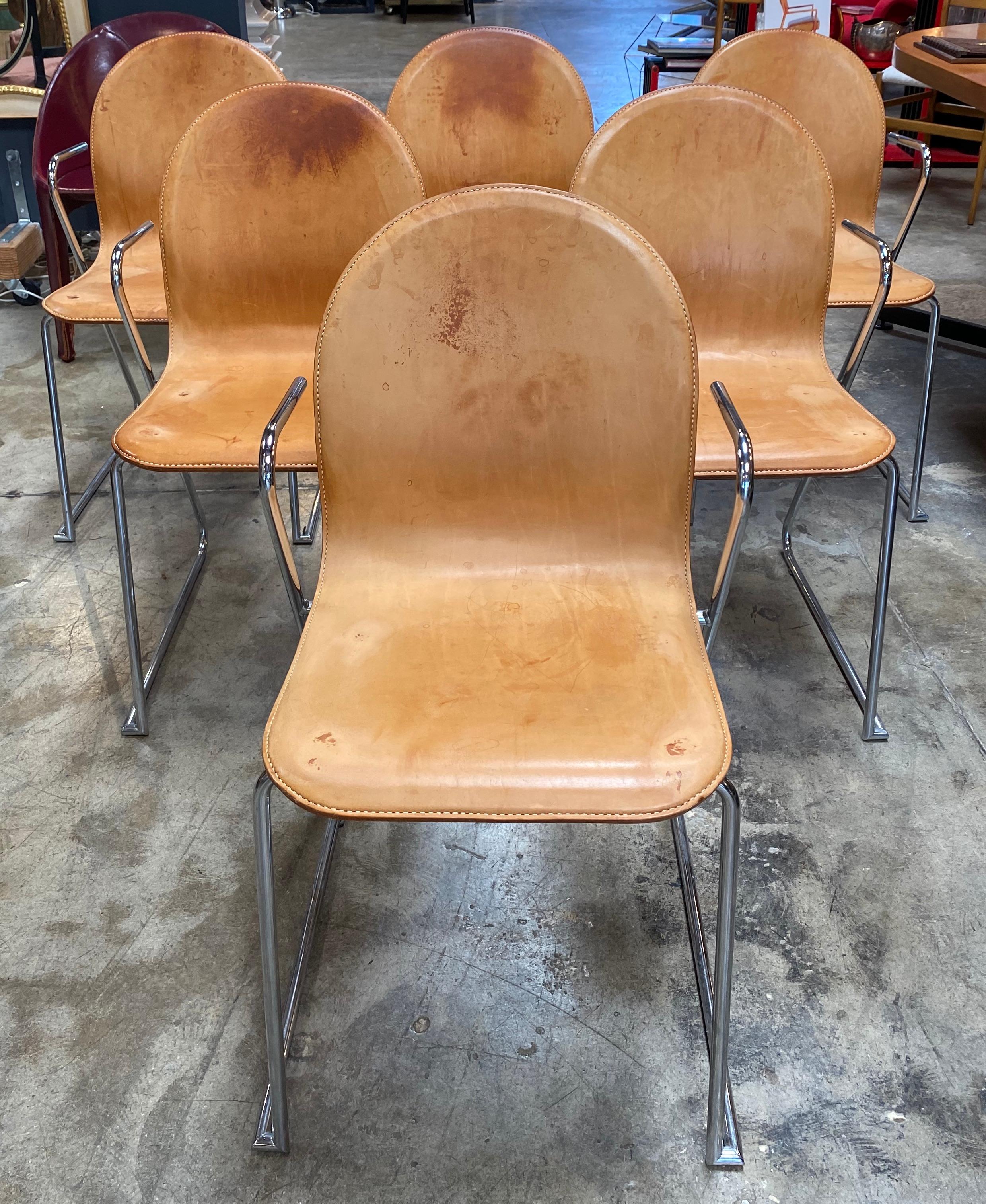 Mid-Century Modern 1960s Midcentury Italian Set of 6 Leather and Chrome Chairs