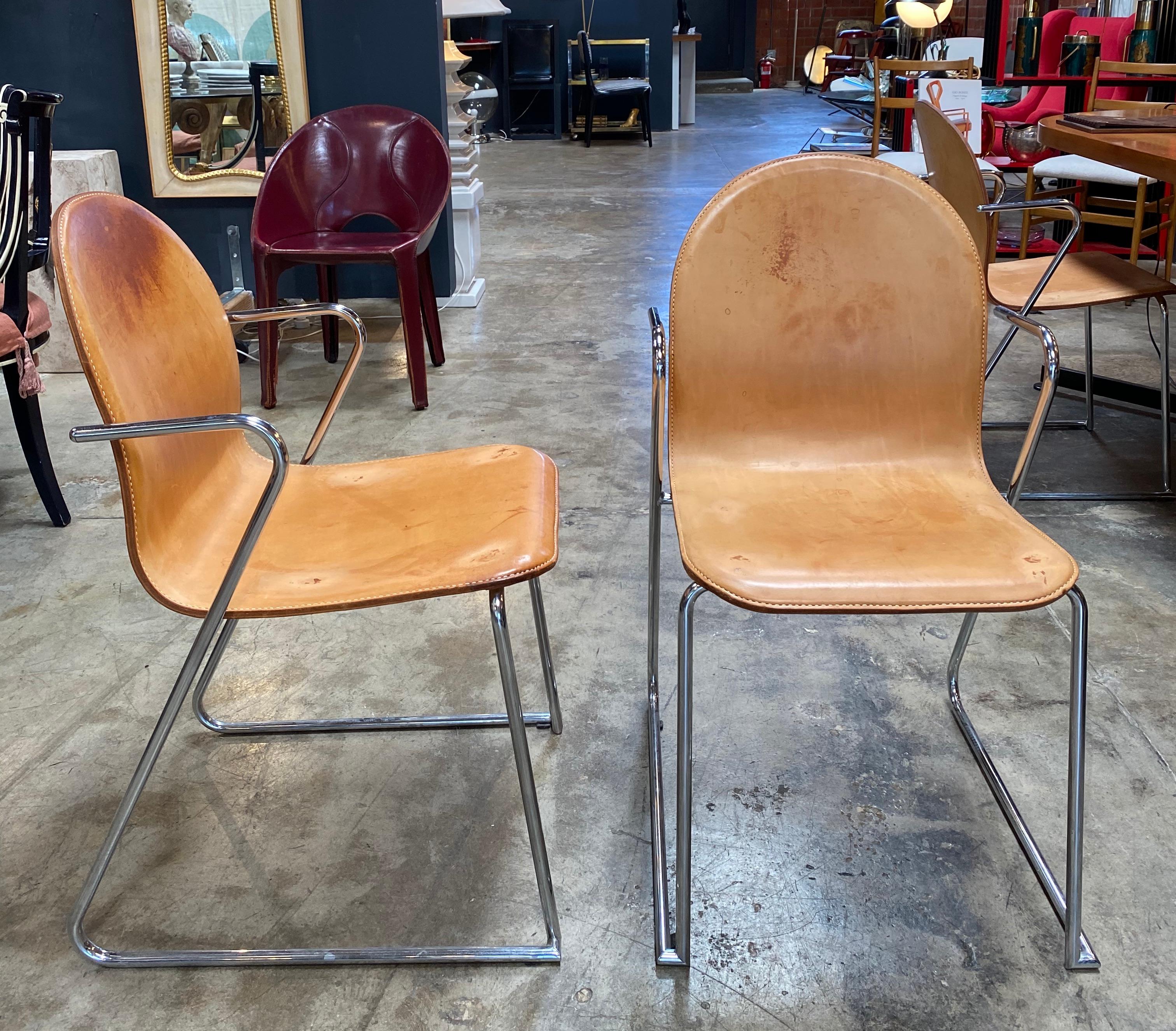 1960s Midcentury Italian Set of 6 Leather and Chrome Chairs In Good Condition In Los Angeles, CA