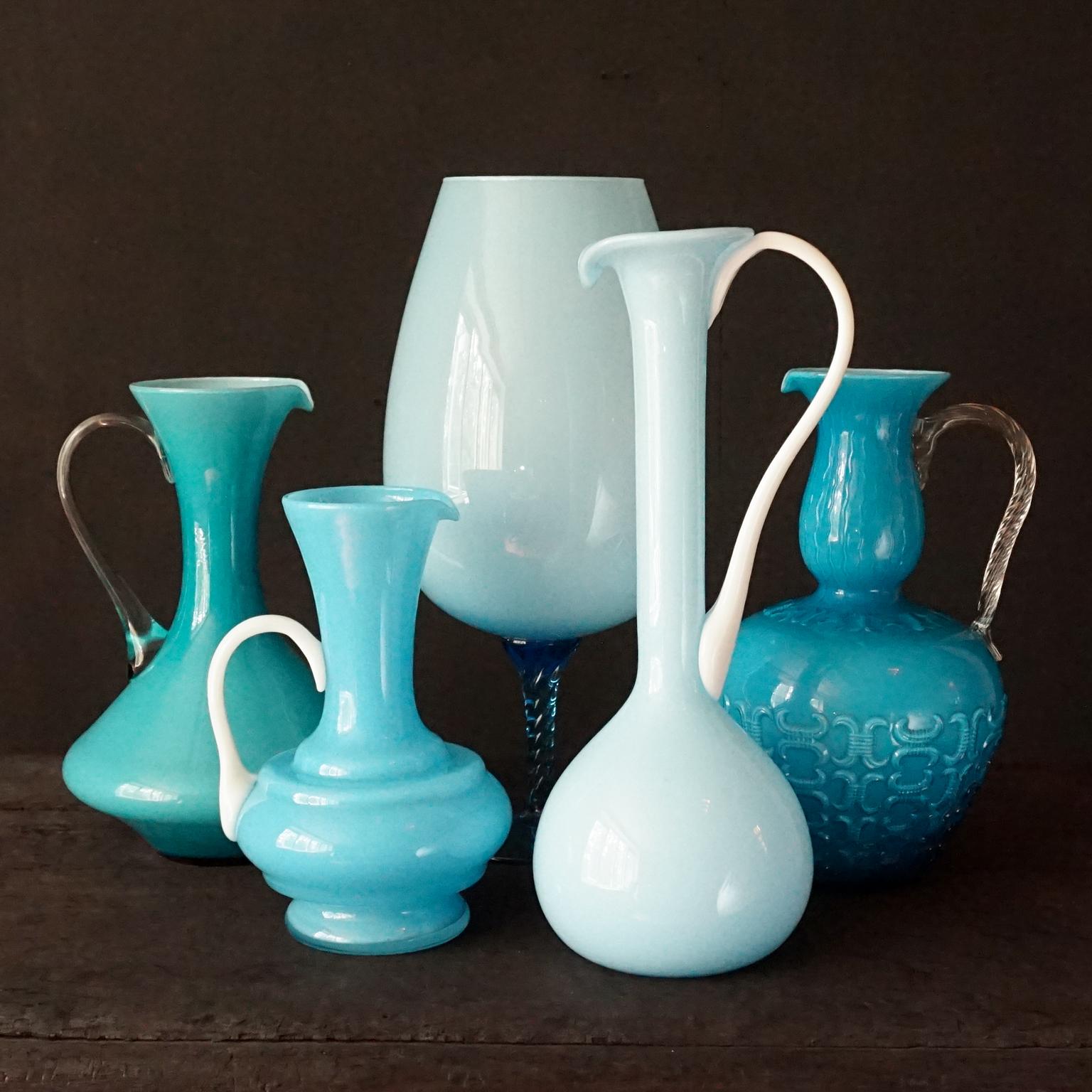 1960s Mid-Century Italian Sky Blue Cased Empoli Glass Pitchers Vases Jars 1