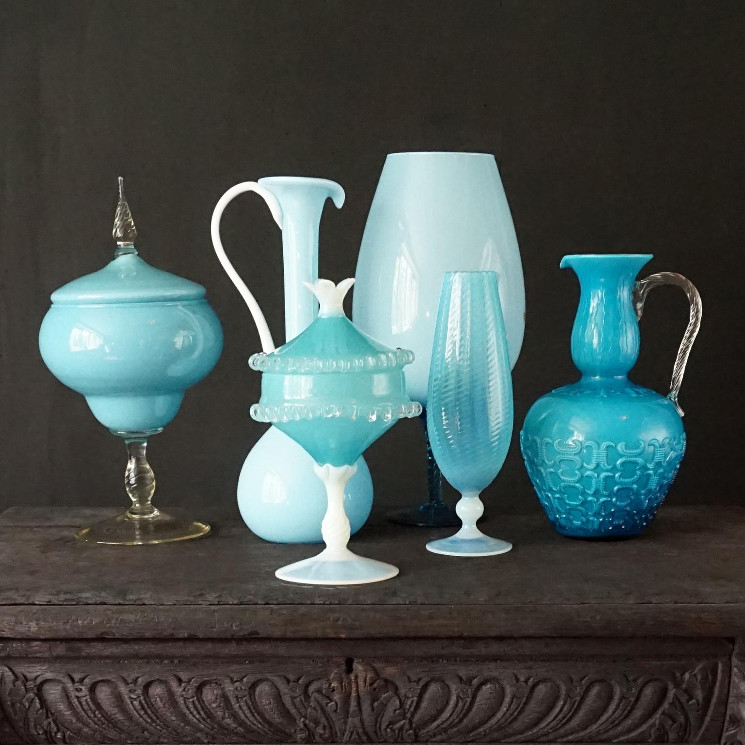 1960s Mid-Century Italian Sky Blue Cased Empoli Glass Pitchers Vases Jars 2