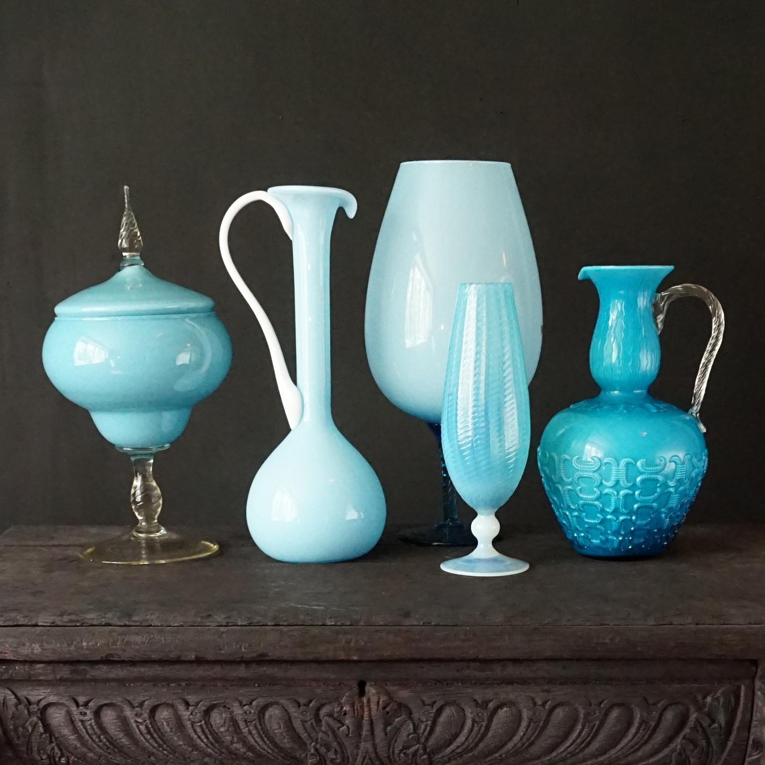1960s Mid-Century Italian Sky Blue Cased Empoli Glass Pitchers Vases Jars 3