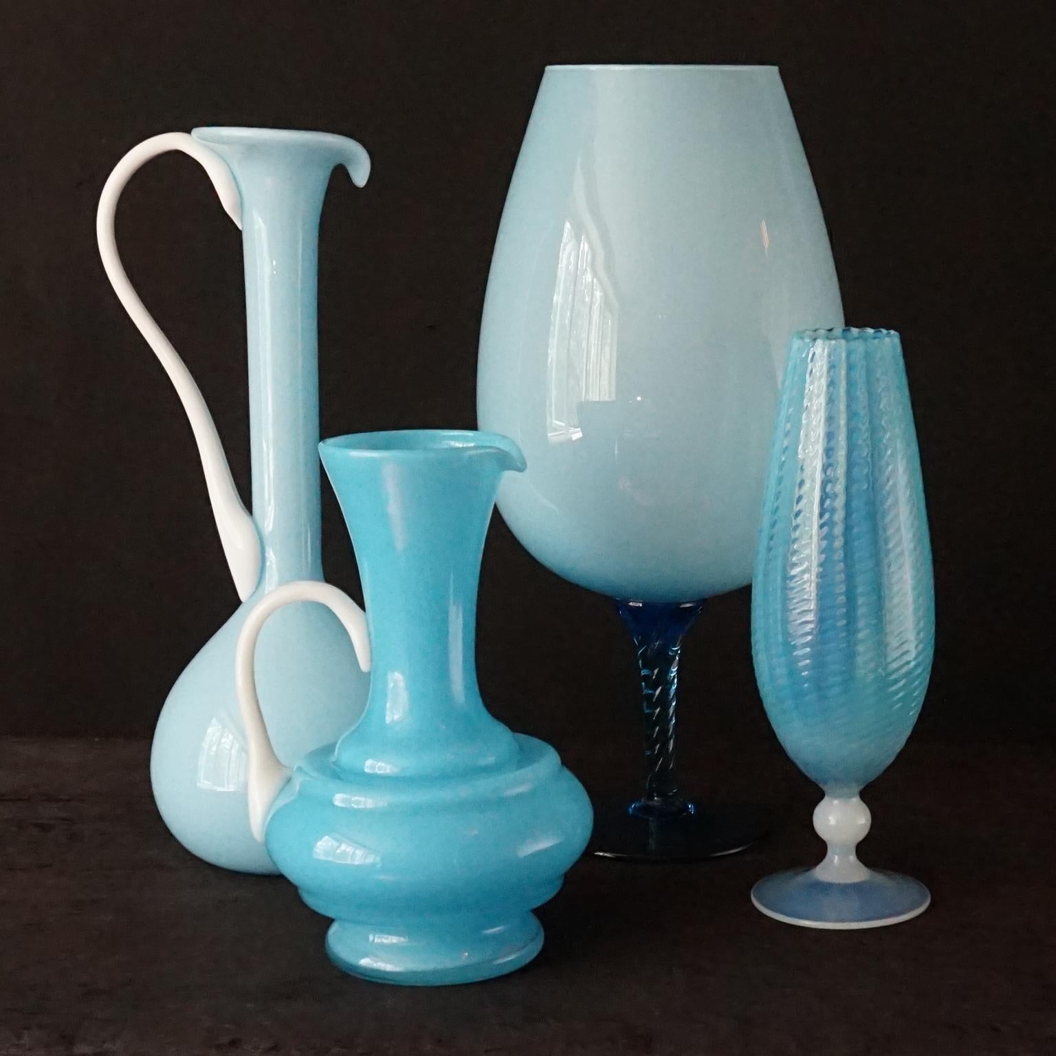 1960s Mid-Century Italian Sky Blue Cased Empoli Glass Pitchers Vases Jars 6
