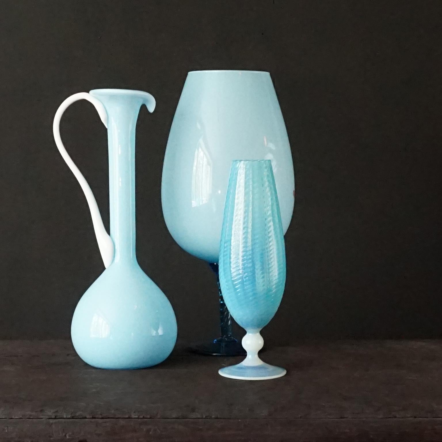 1960s Mid-Century Italian Sky Blue Cased Empoli Glass Pitchers Vases Jars 6
