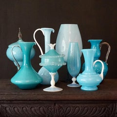 1960s Mid-Century Italian Sky Blue Cased Empoli Glass Pitchers Vases Jars