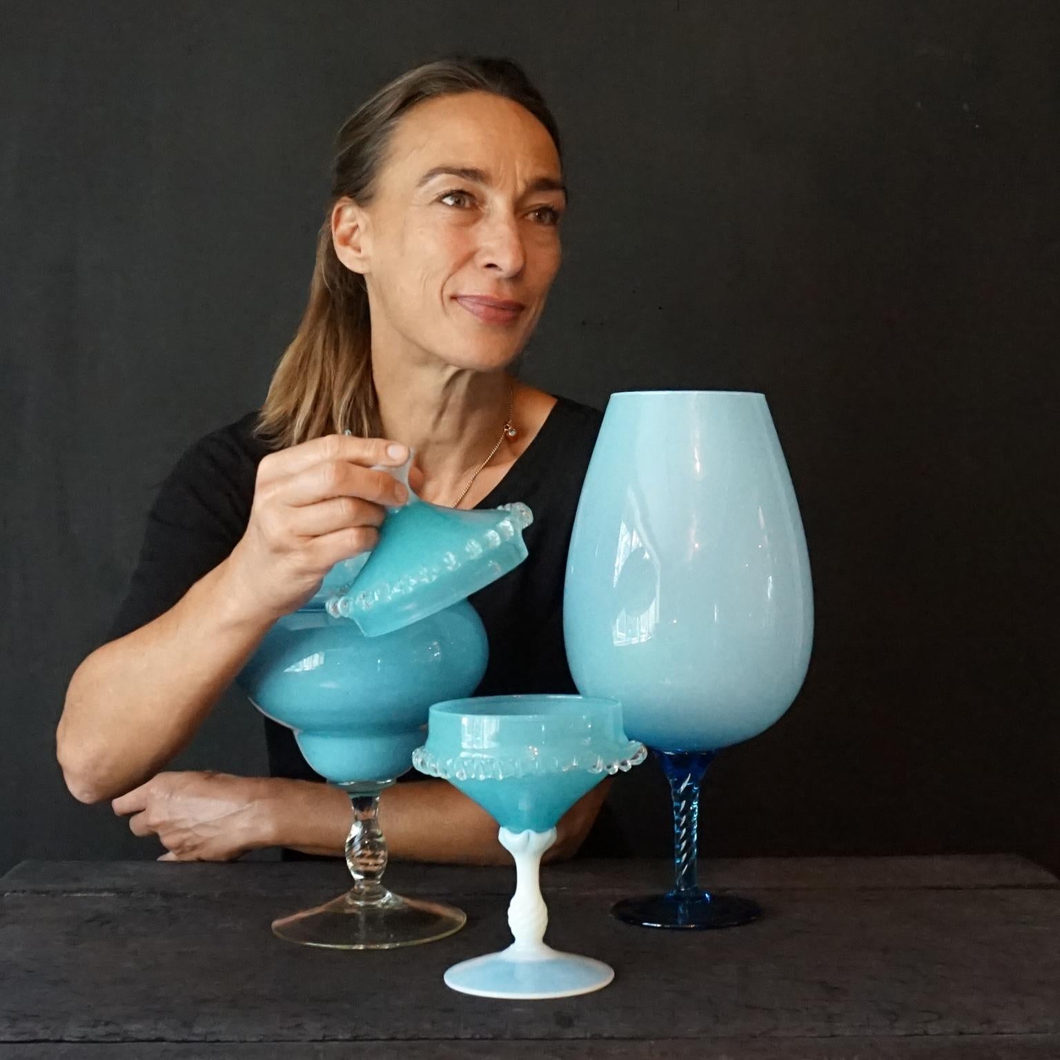 Mid-Century Modern 1960s Mid-Century Italian Sky Blue Cased Empoli Glass Pitchers Vases Jars