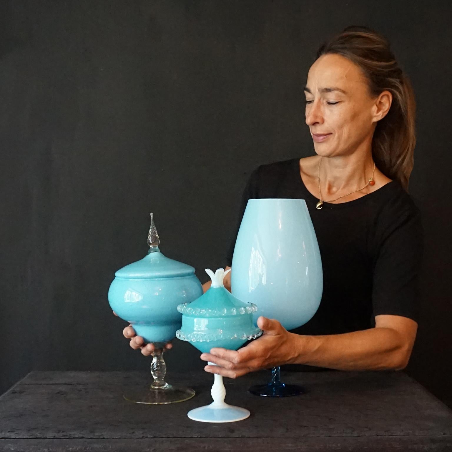 Mid-Century Modern 1960s Mid-Century Italian Sky Blue Cased Empoli Glass Pitchers Vases Jars