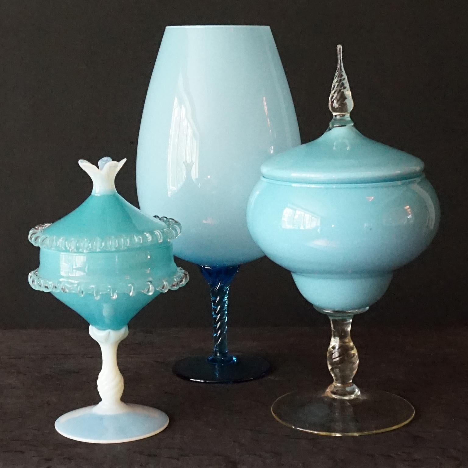 1960s Mid-Century Italian Sky Blue Cased Empoli Glass Pitchers Vases Jars In Good Condition In Haarlem, NL