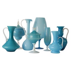 1960s Mid-Century Italian Sky Blue Cased Empoli Glass Pitchers Vases Jars