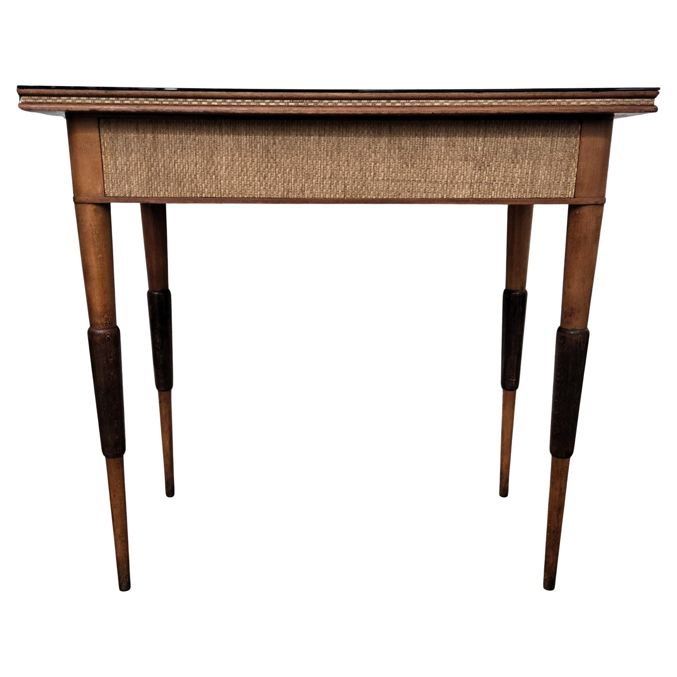 1960s Mid-Century Italian Walnut Rattan and Black Glass Top Writing Desk Table