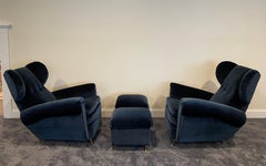 1960s Mid-Century Italian Wingback Chairs and Ottomans in Mohair