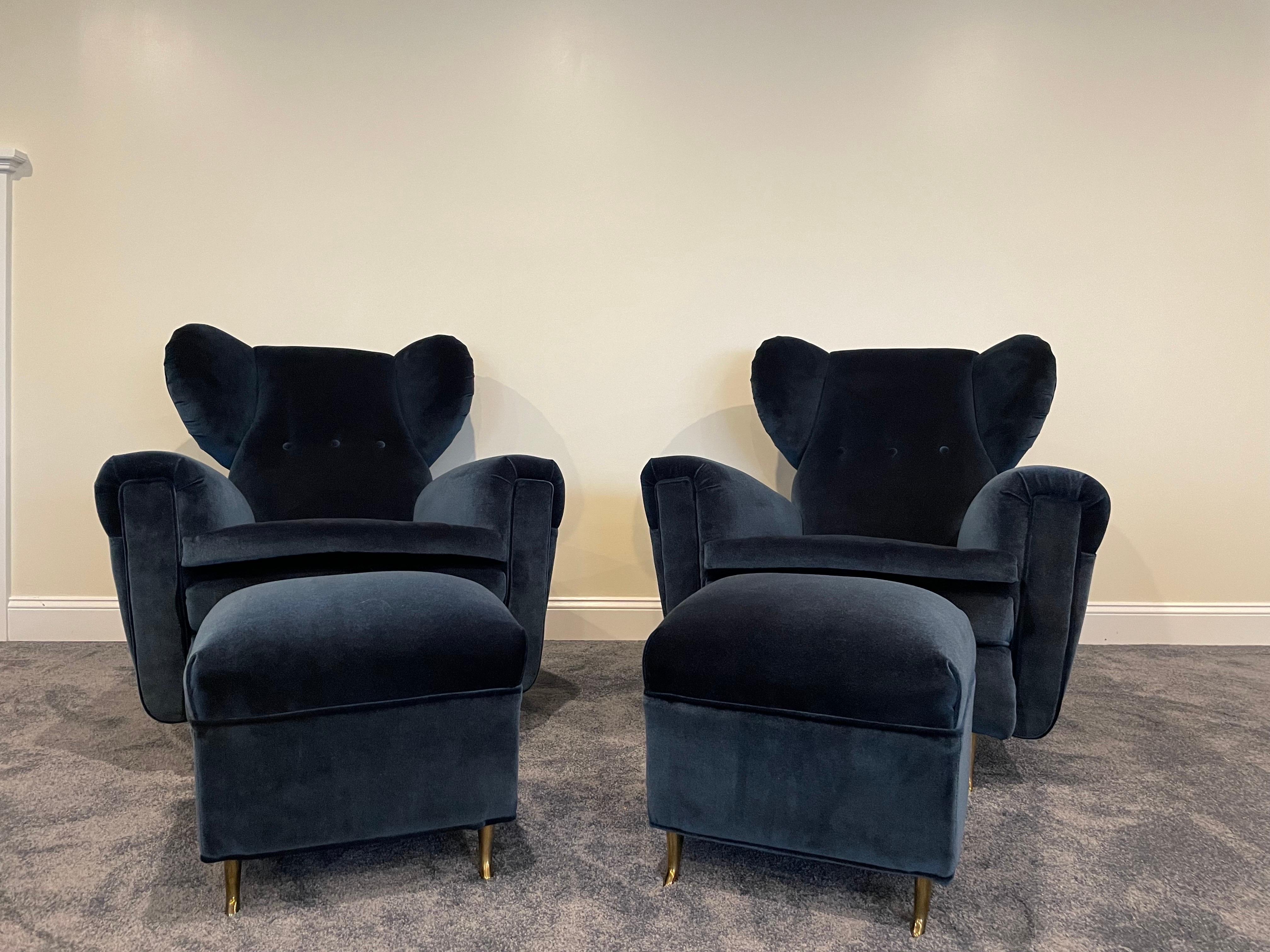 Brass 1960s Mid-Century Italian Wingback Chairs and Ottomans in Mohair  For Sale