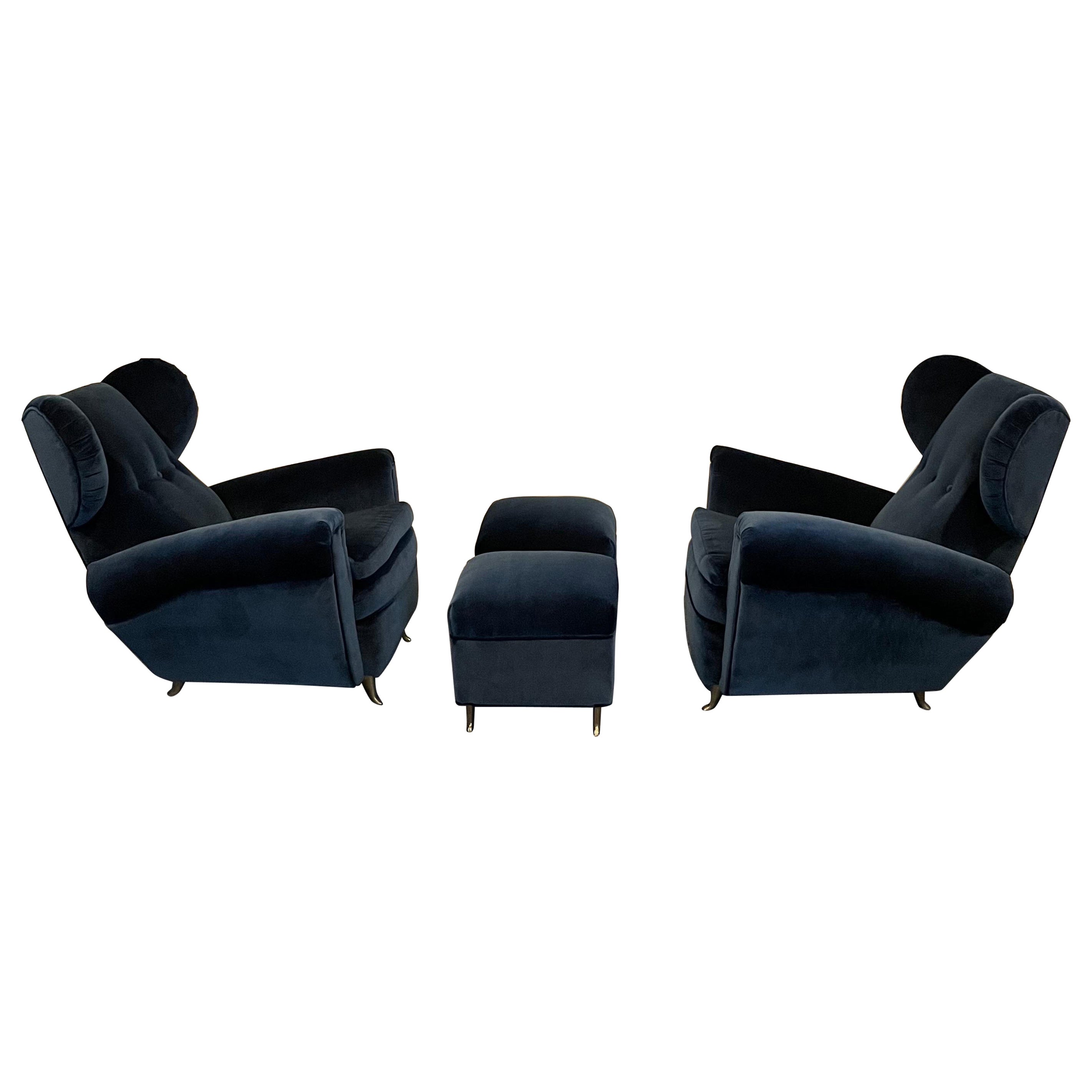 Fauteuils et poufs italiens Wingback en mohair du milieu du siècle dernier des années 1960 en vente