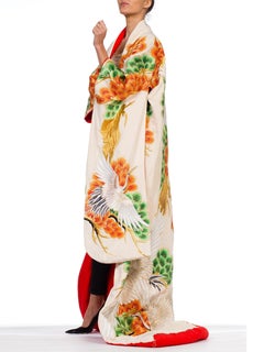 1960S Mid Century Japanese Wedding Kimono With Embroidery Cranes Crystals