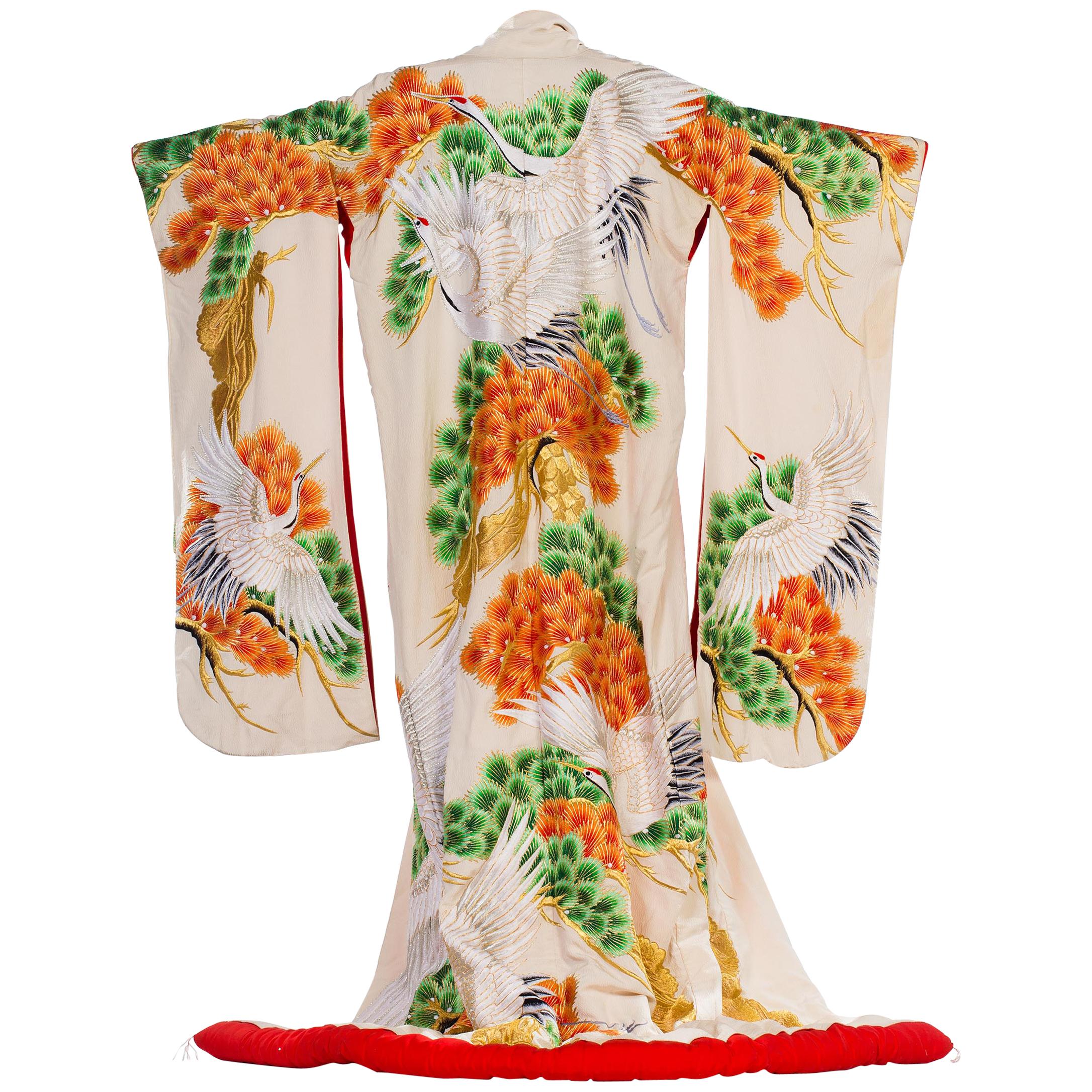 1960S Mid Century Japanese Wedding Kimono With Embroidery Cranes Crystals For Sale