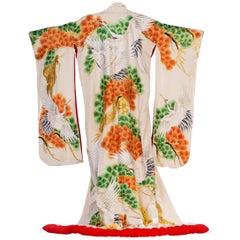 1960S Mid Century Japanese Wedding Kimono With Embroidery Cranes Crystals