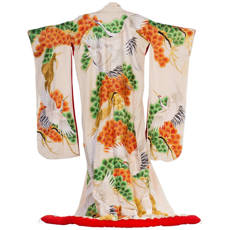 1960S Mid Century Japanese Wedding Kimono With Embroidery Cranes