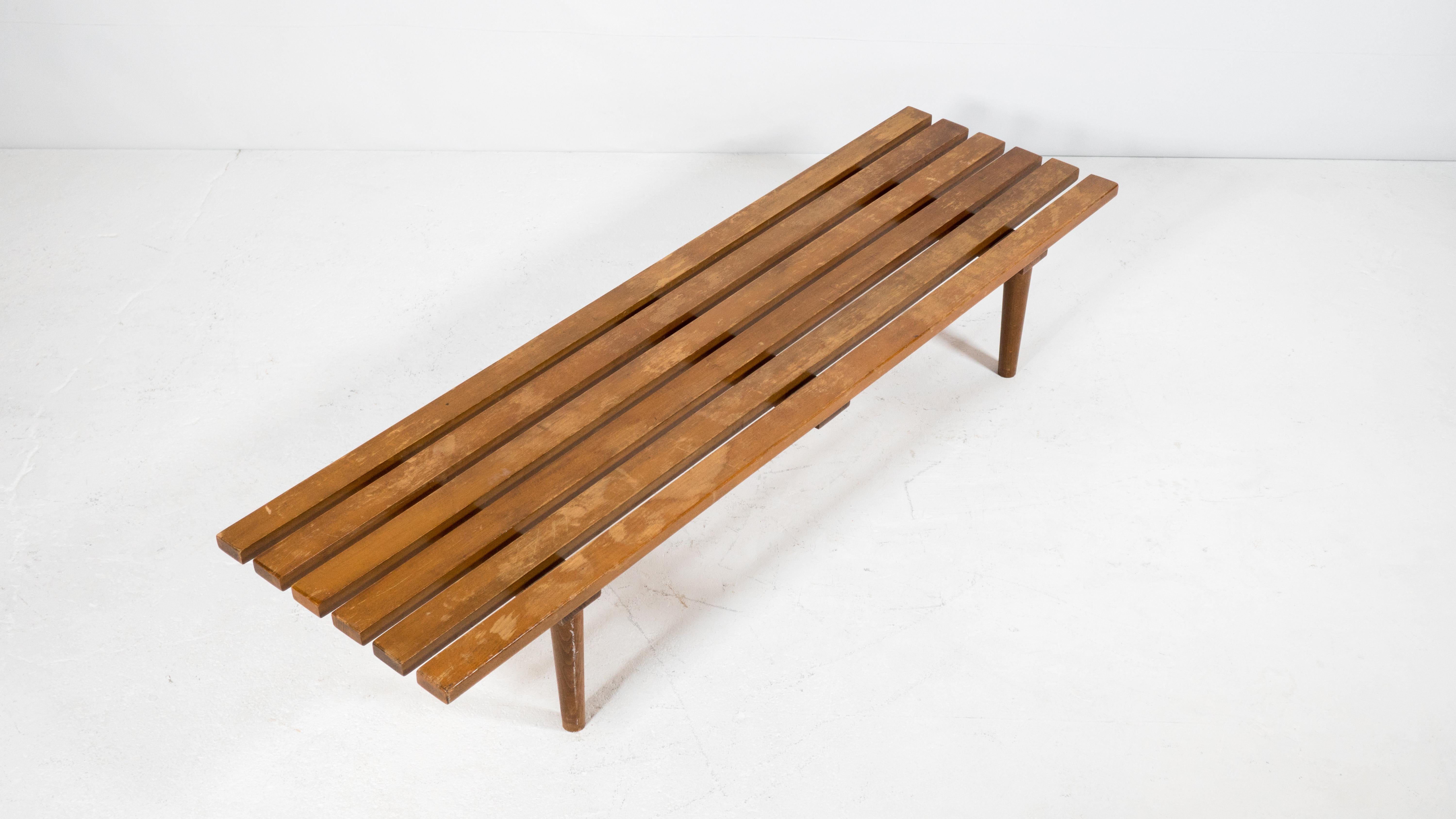 1960s Mid Century Low Profile Slat Wood Bench For Sale 4