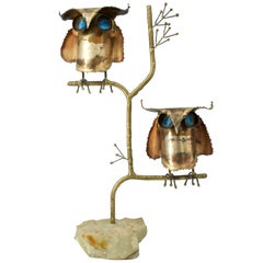 1960s Mid-Century Mod C.Jere 2Brass Hoot Owls Tree Marble Table Sculpture Bird