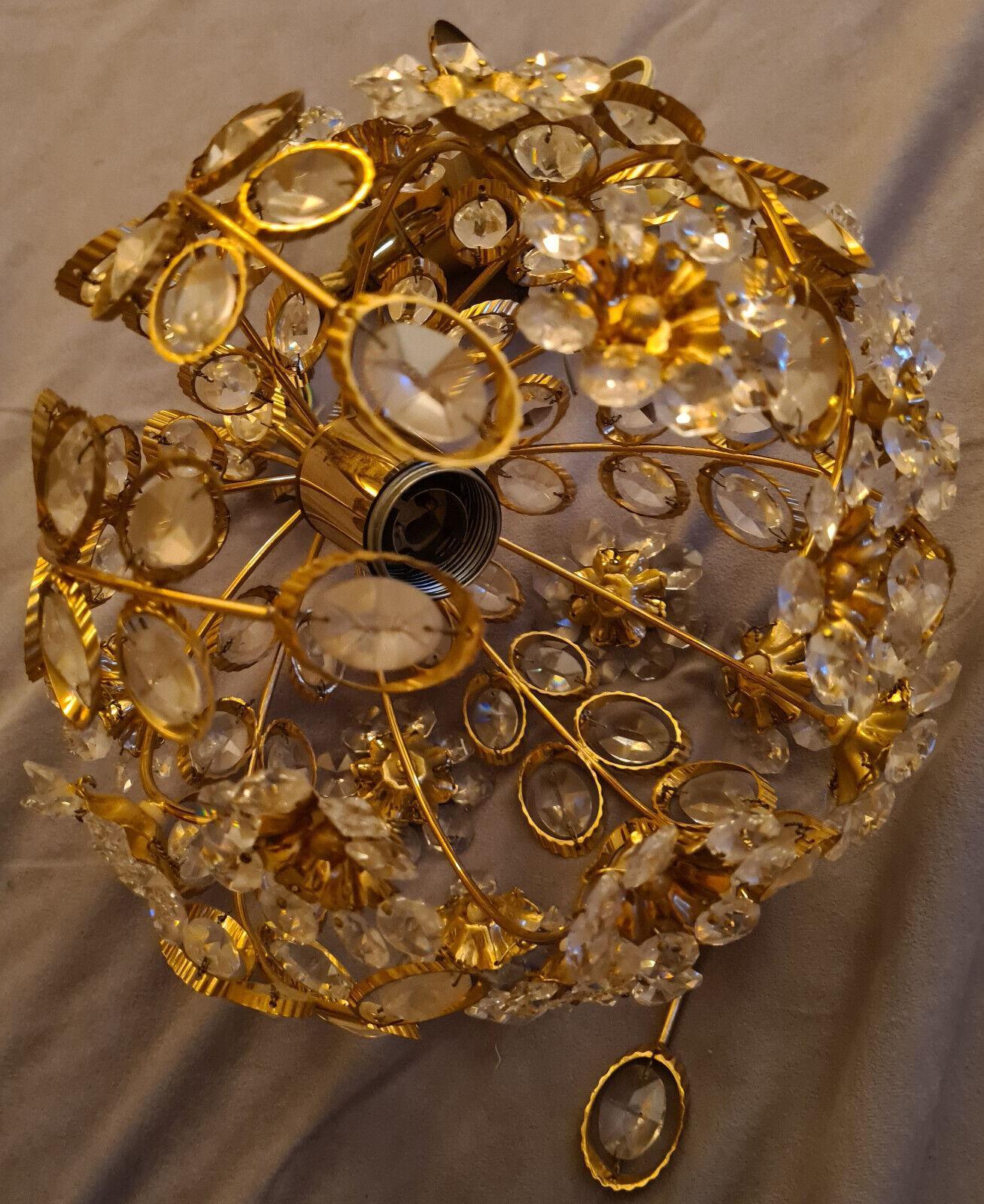 1960s Mid Century Modern 24K w/Cut Crystal Round Floral Pendant Fixtyre by Palwa In Good Condition For Sale In Opa Locka, FL