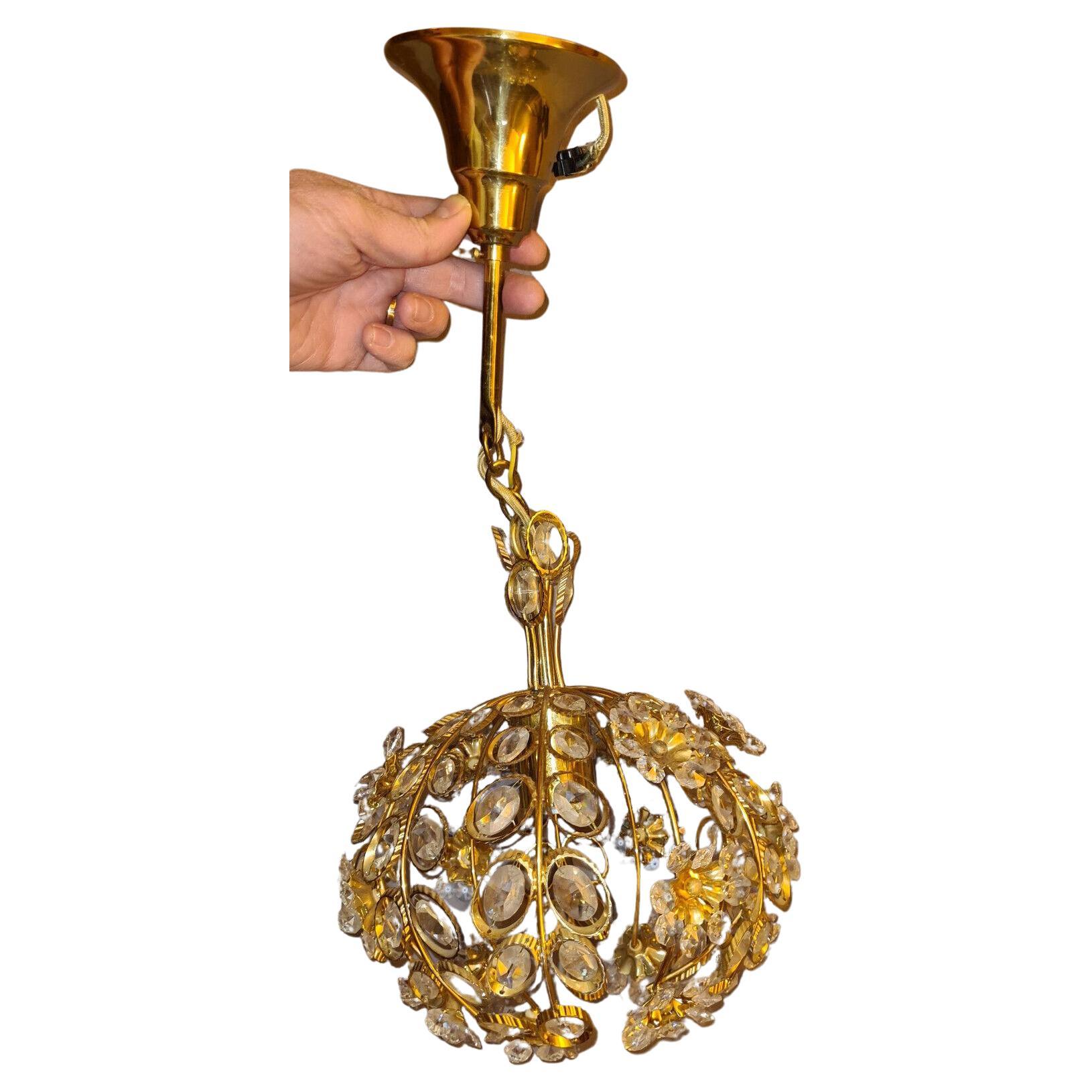 Lampe à suspension florale ronde en cristal taillé 24 carats, moderne du milieu du siècle dernier, Palwa, années 1960