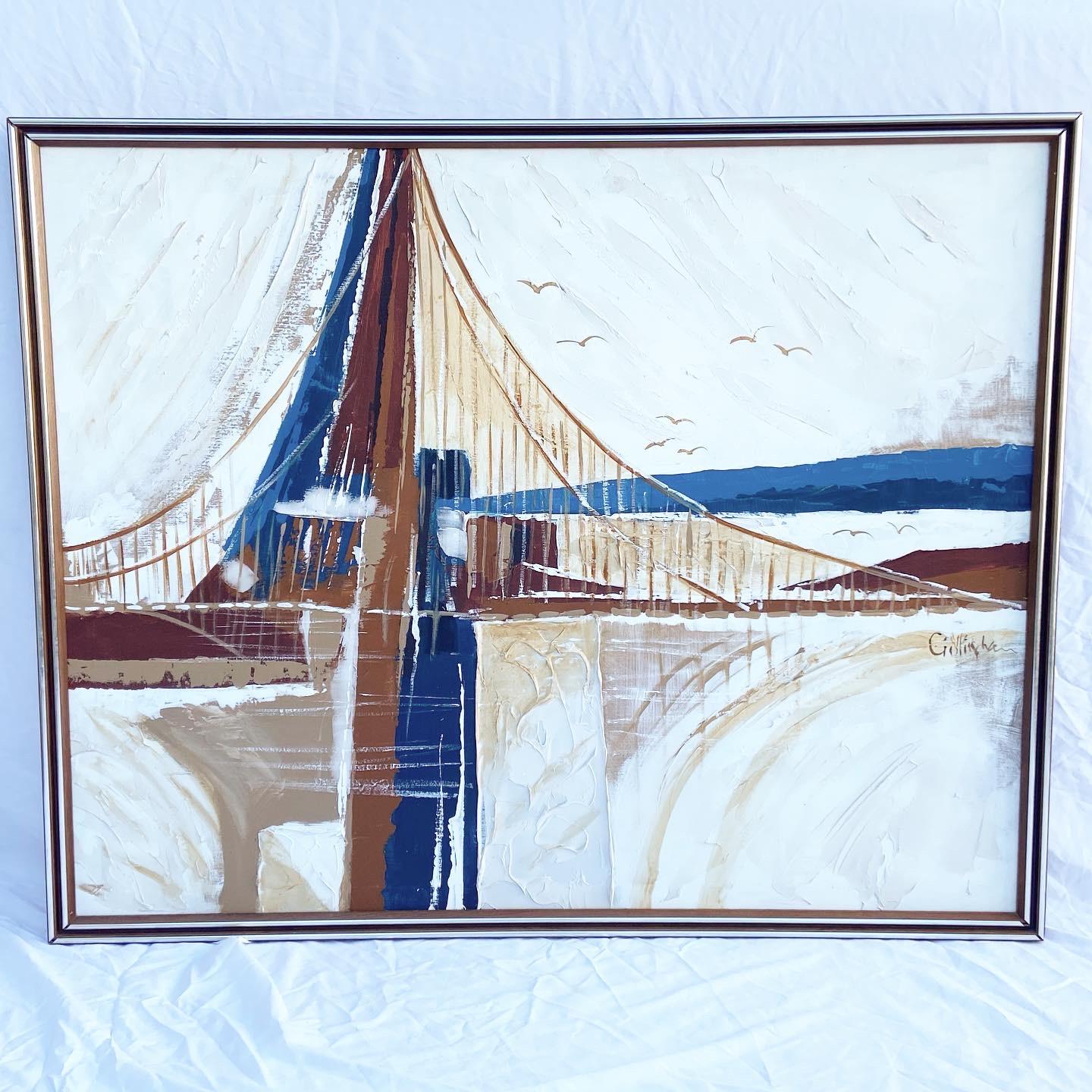 North American 1960s Mid Century Modern Abstract Bridge Painting Signed by Gillingham For Sale