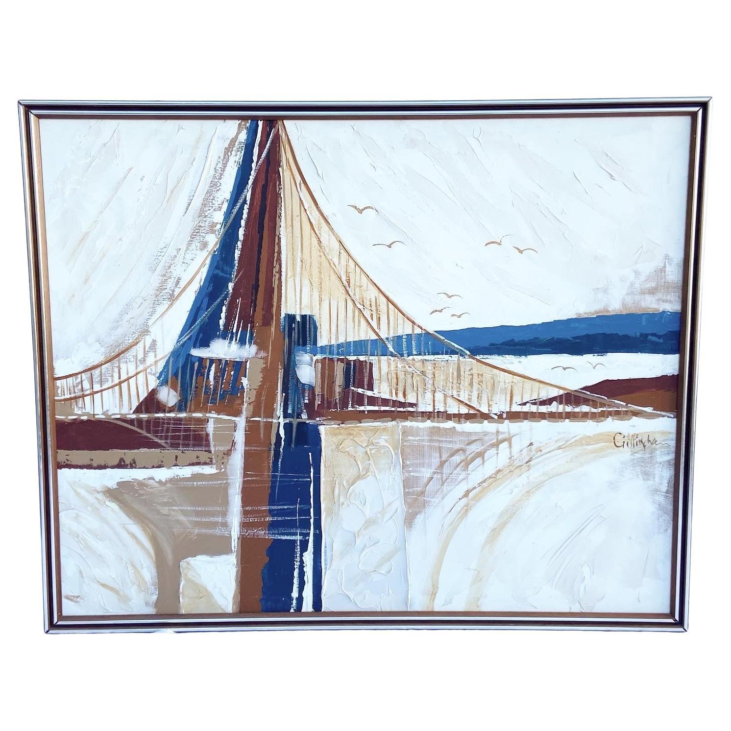 1960s Mid Century Modern Abstract Bridge Painting Signed by Gillingham