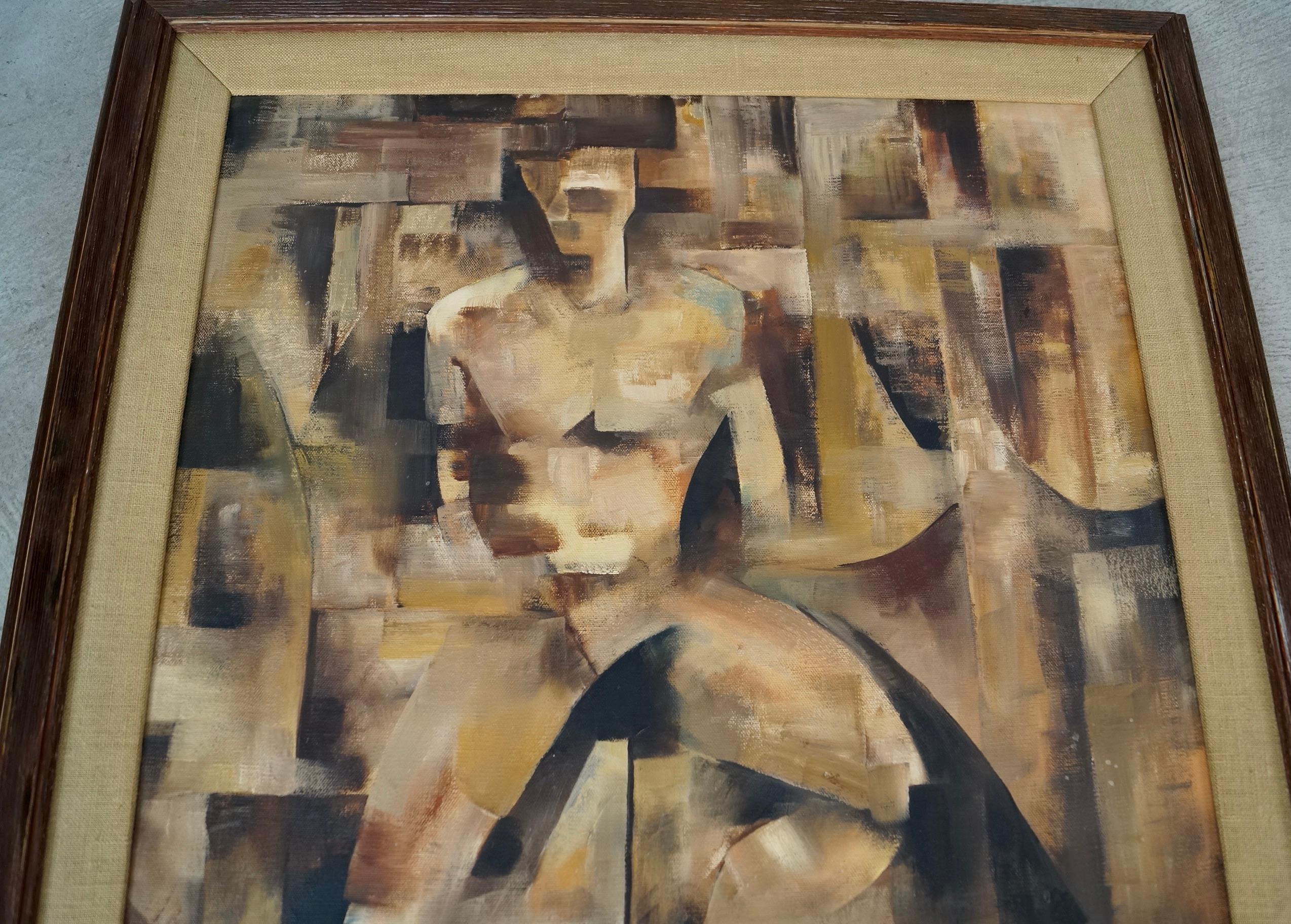 1960's Mid-Century Modern Abstract Cubist Framed Oil on Canvas Painting im Angebot 4