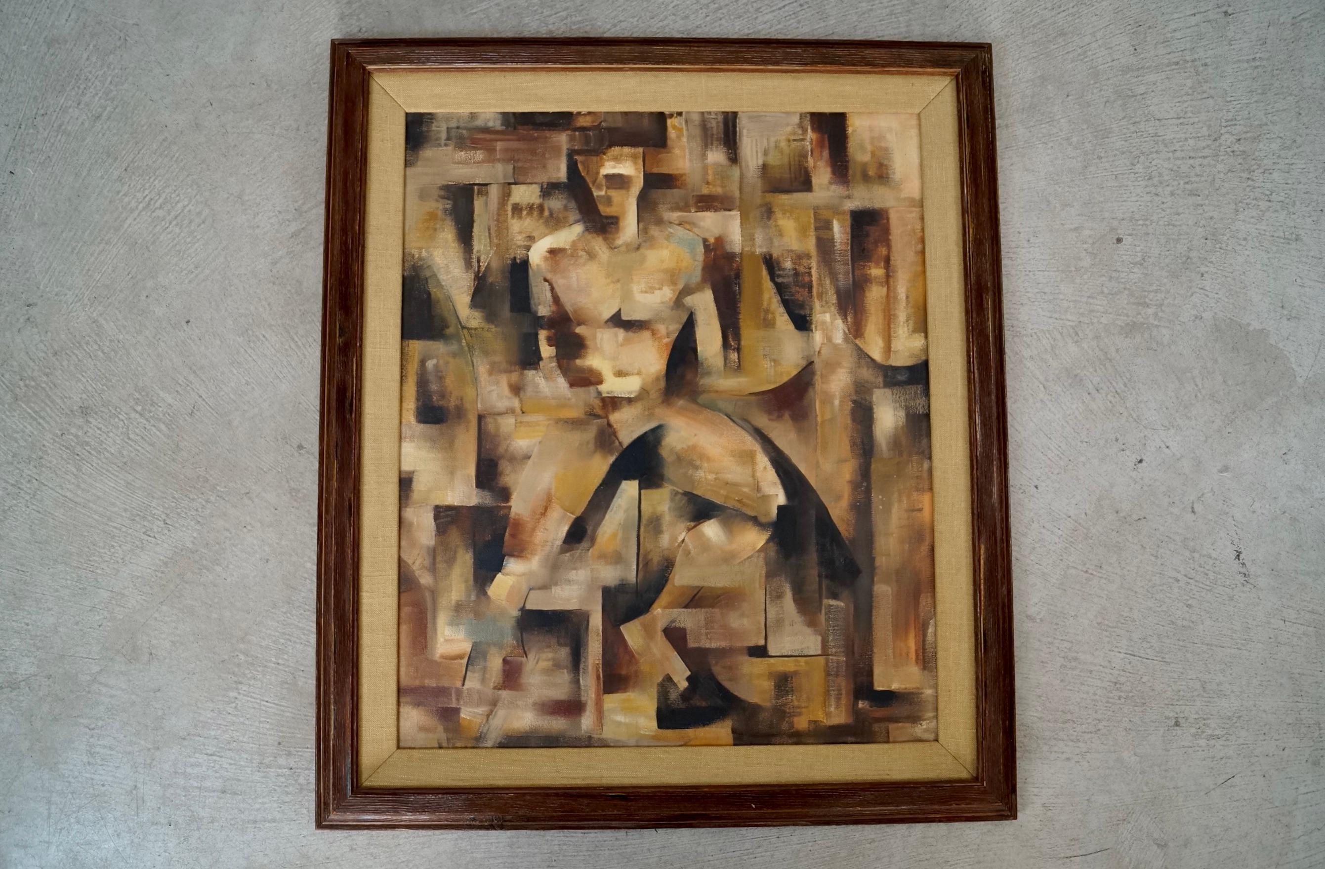 Vintage Mid century Modern oil on canvas painting for sale. It's a beautiful cubist abstract painting with a wonderful use of colors. It has teal, brown, mustard, orange, gray, black, among other undertones. It's a great example of cubism and