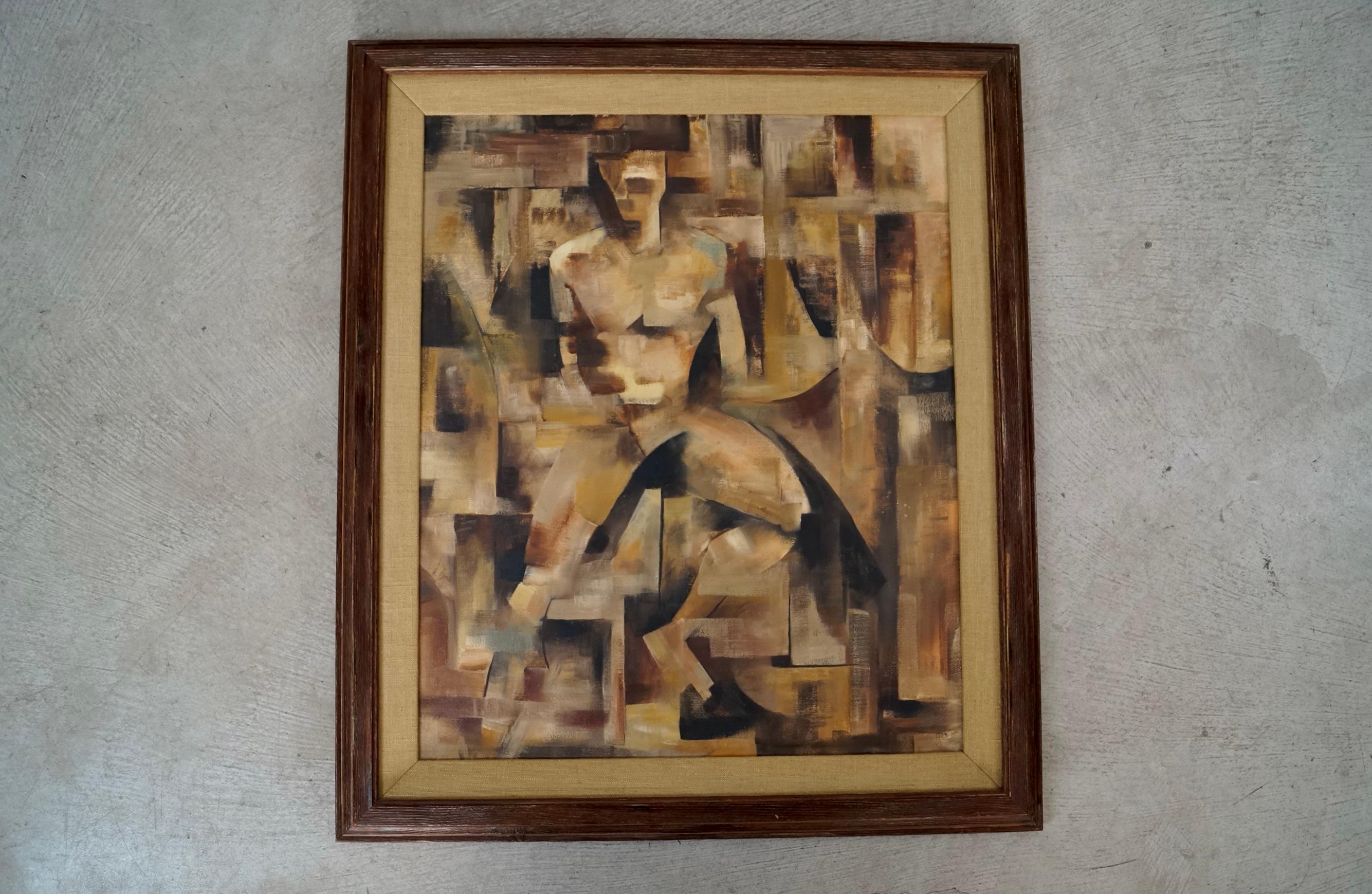 1960's Mid-Century Modern Abstract Cubist Framed Oil on Canvas Painting (Moderne der Mitte des Jahrhunderts) im Angebot