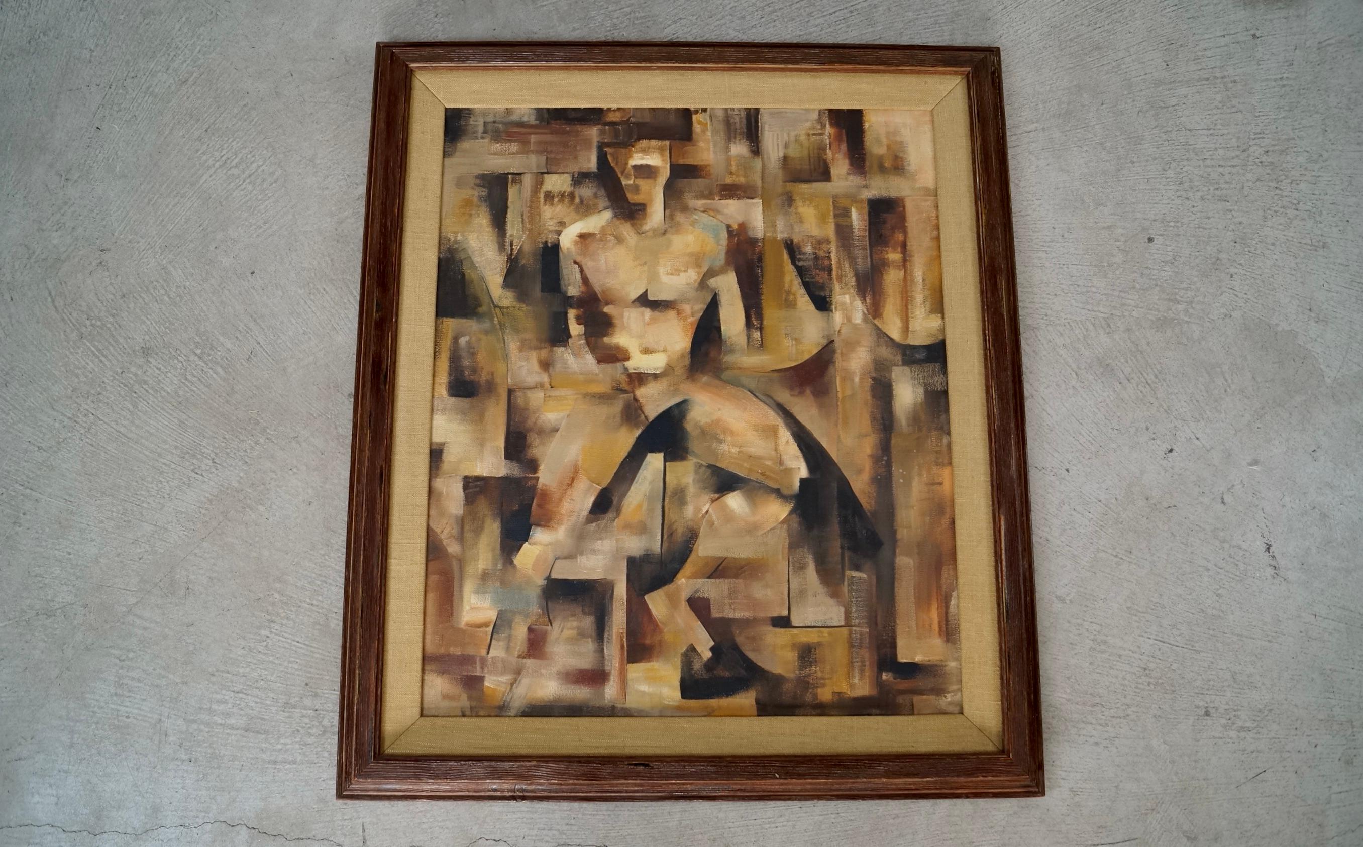 1960's Mid-Century Modern Abstract Cubist Framed Oil on Canvas Painting (Mitte des 20. Jahrhunderts) im Angebot