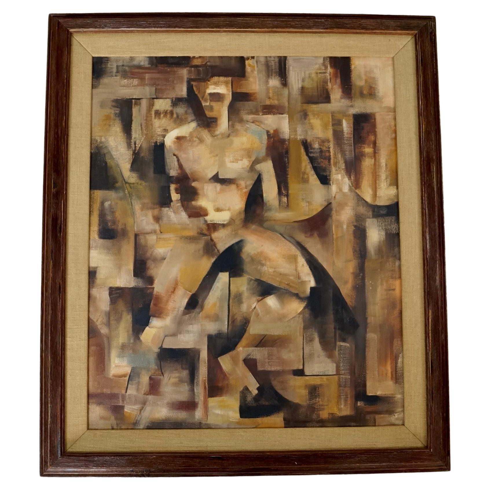 1960's Mid-Century Modern Abstract Cubist Framed Oil on Canvas Painting