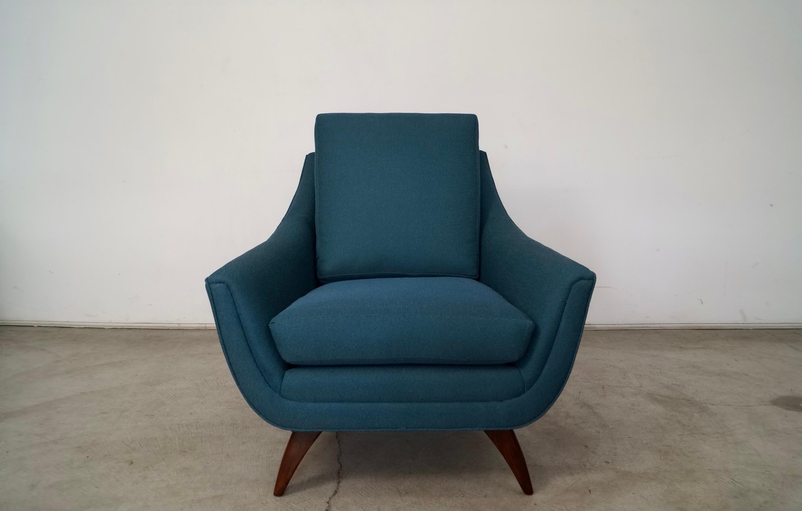 Vintage Midcentury Modern gondola lounge chair for sale. Manufactured by Prestige, in attributed to Adrian Pearsall. The legs have been professionally refinished, and it has been professionally reupholstered in new fabric and foam. Very special