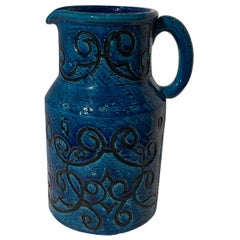 1960s Mid-Century Modern Aldo Londi for Bitossi Blue Rimini Pitcher