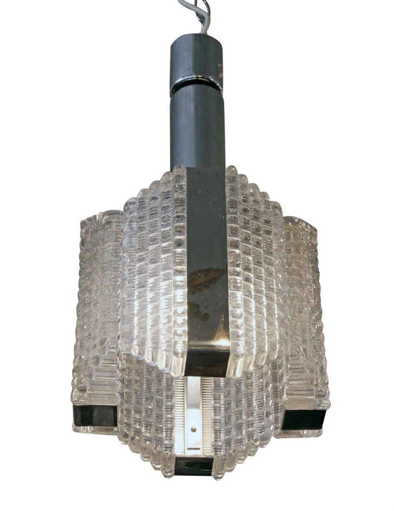 1960s Mid-Century Modern pendant hanging fixture with chrome detail and textured waffle glass. Please note, this item is located in our Scranton, PA location.