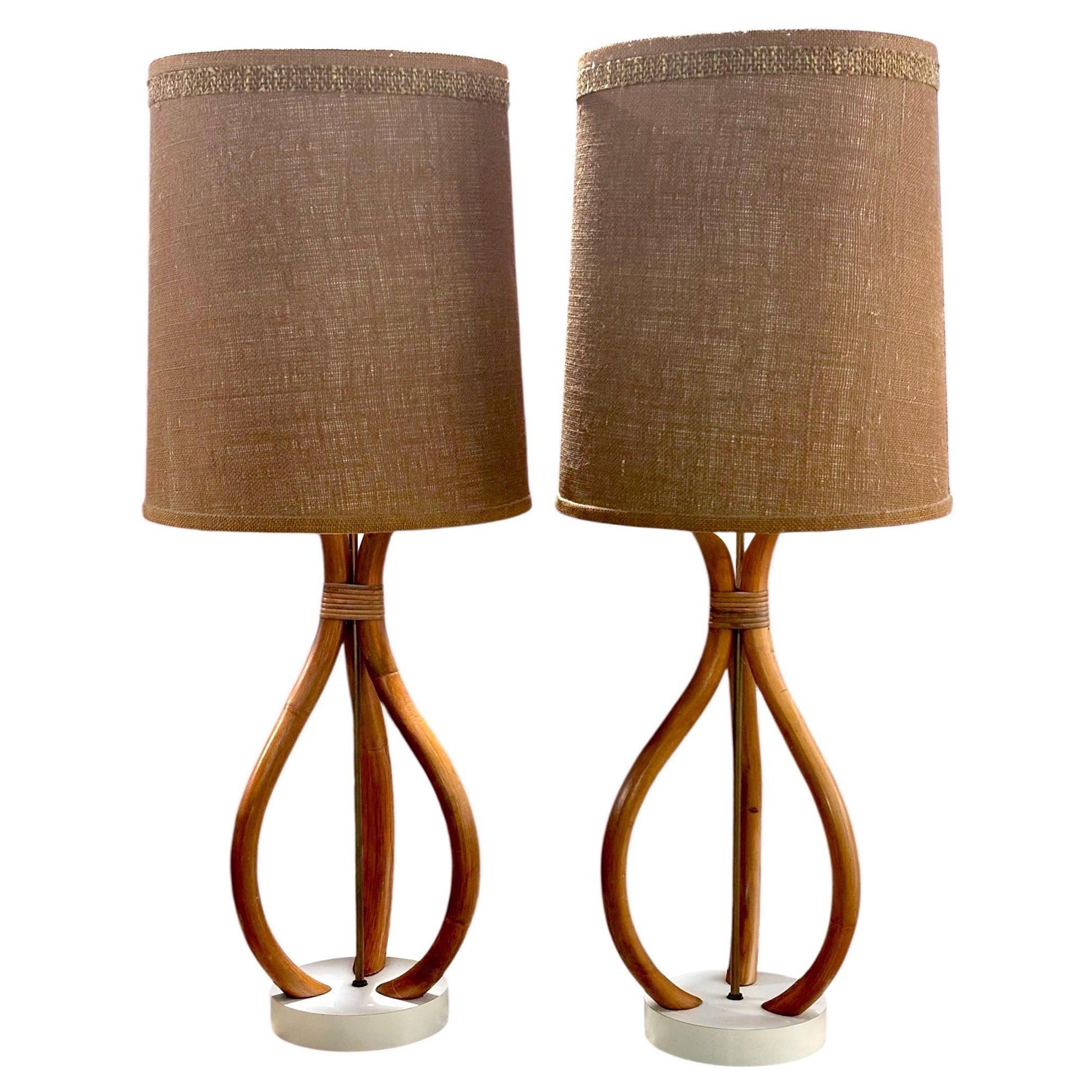 Paire de lampes de table en bambou et bois de bentwood du milieu du siècle dernier, 1960