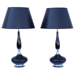 1960's Mid-Century Modern Black Ceramic and Chrome Table Lamps