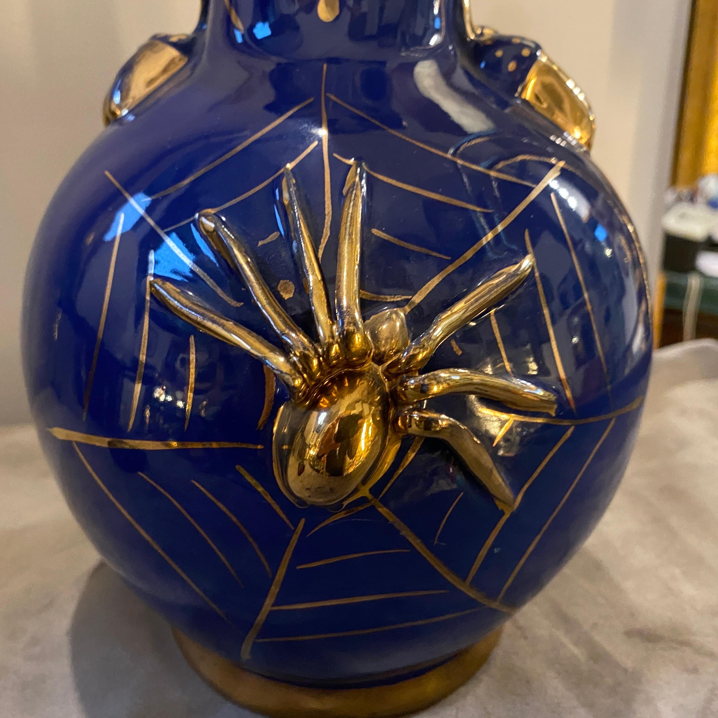 Hand-Painted 1960s Mid-Century Modern Blue and Gold Ceramic Italian Spider Vase