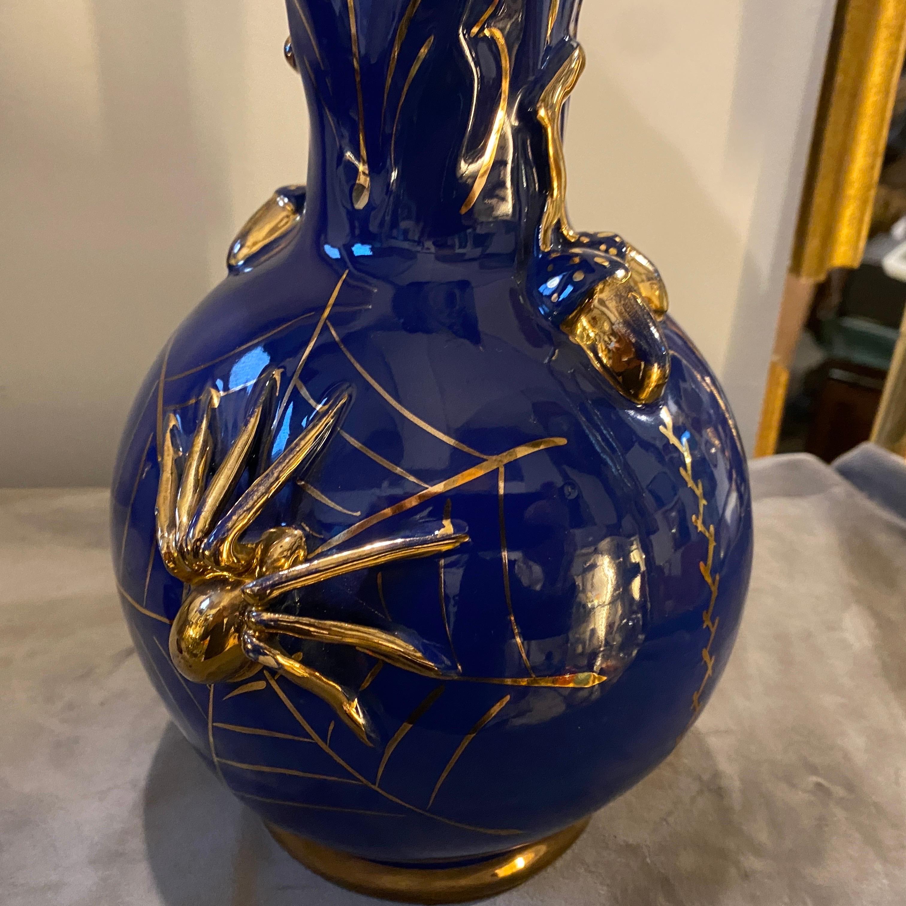 20th Century 1960s Mid-Century Modern Blue and Gold Ceramic Italian Spider Vase