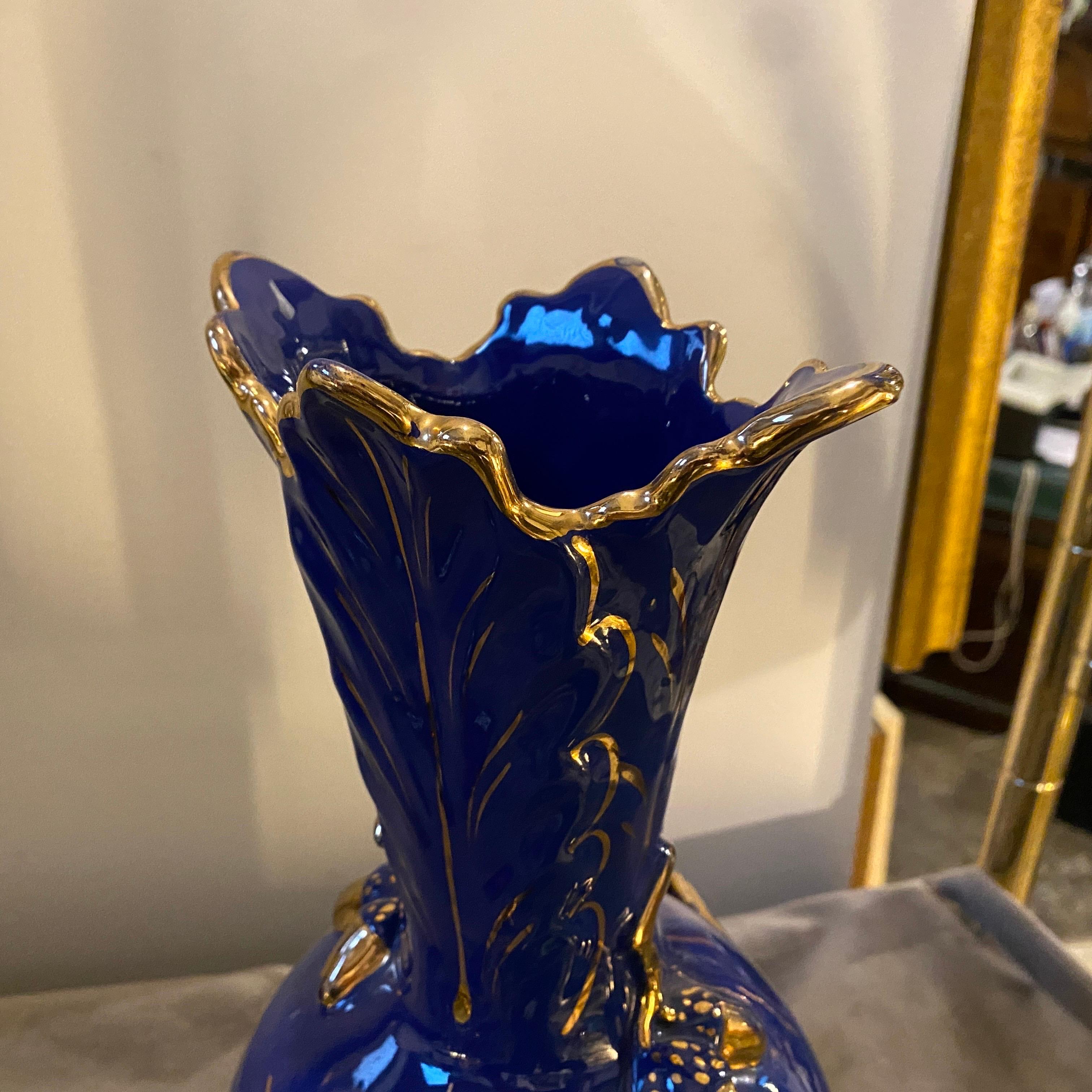 1960s Mid-Century Modern Blue and Gold Ceramic Italian Spider Vase 1