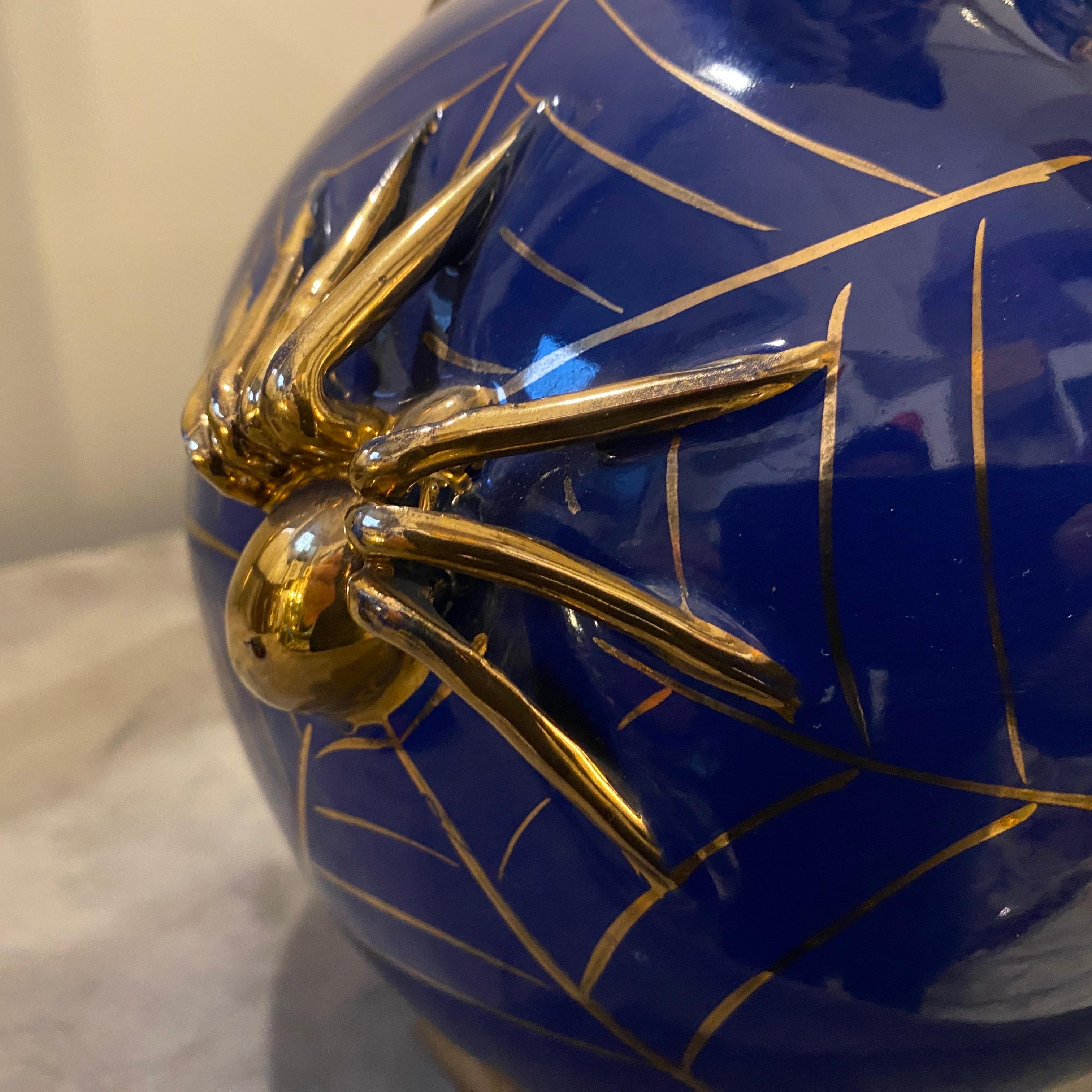 1960s Mid-Century Modern Blue and Gold Ceramic Italian Spider Vase 4