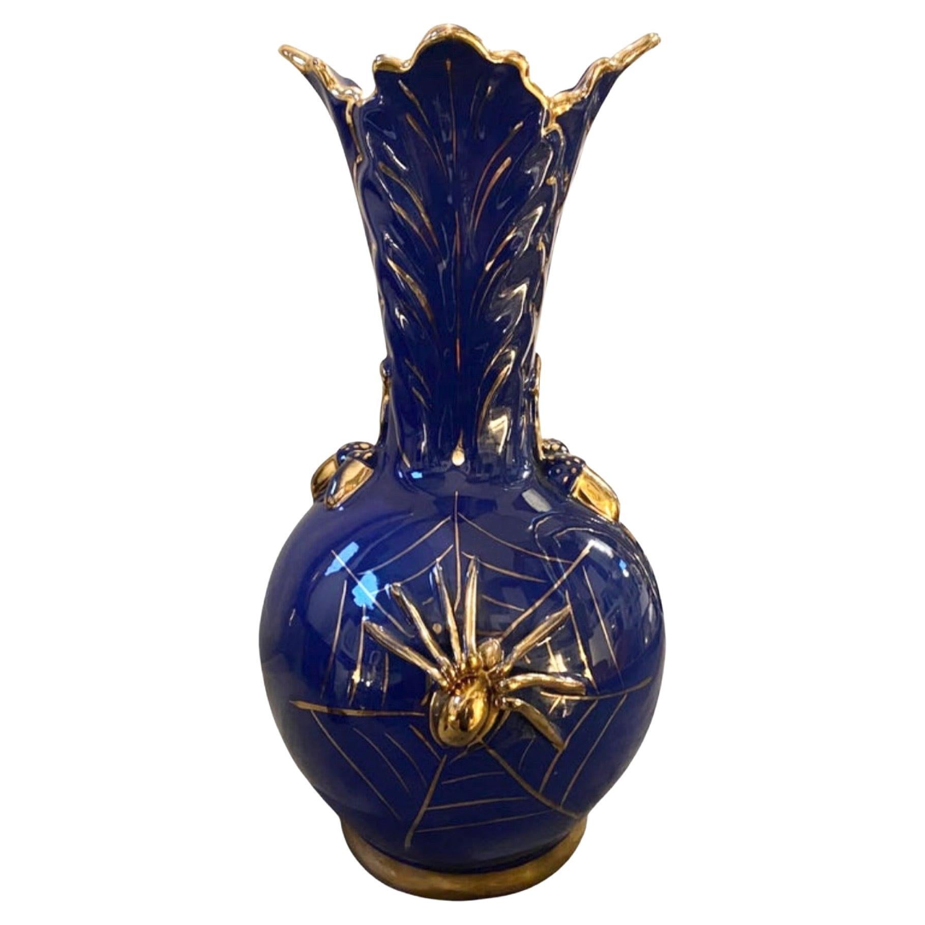 1960s Mid-Century Modern Blue and Gold Ceramic Italian Spider Vase