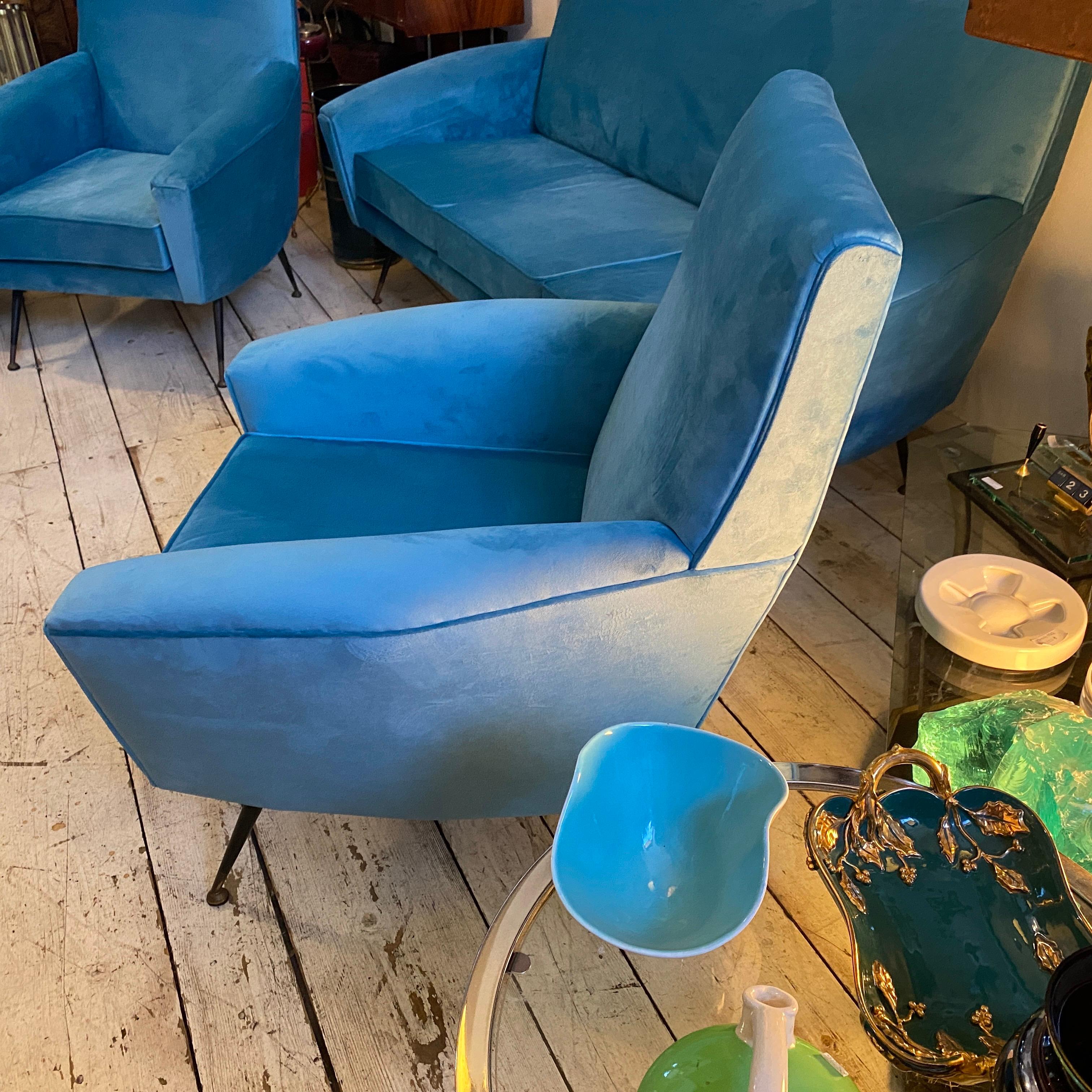1960s Mid-Century Modern Blue Velvet and Brass Italian Sofa and two Armchairs 6