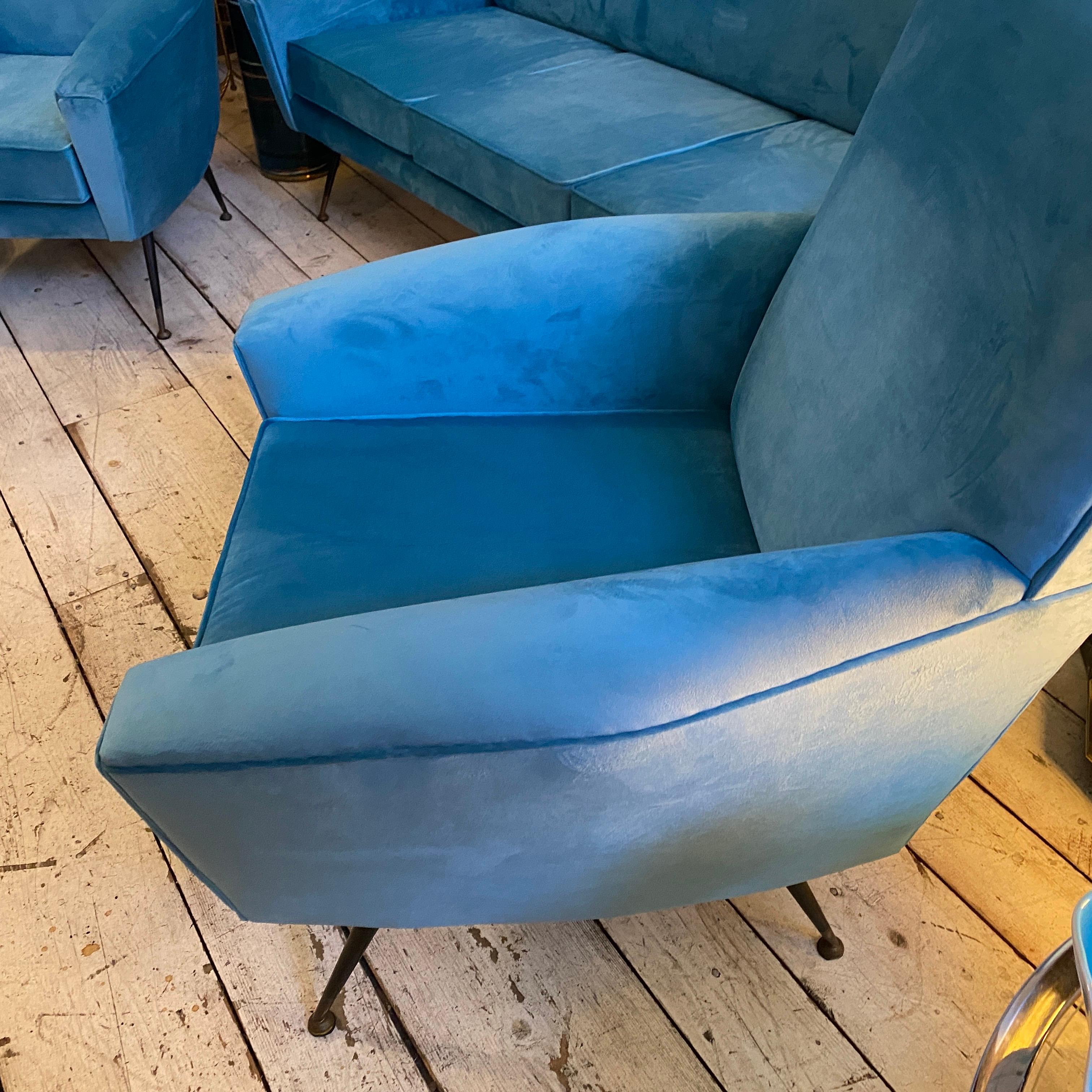 1960s Mid-Century Modern Blue Velvet and Brass Italian Sofa and two Armchairs 7