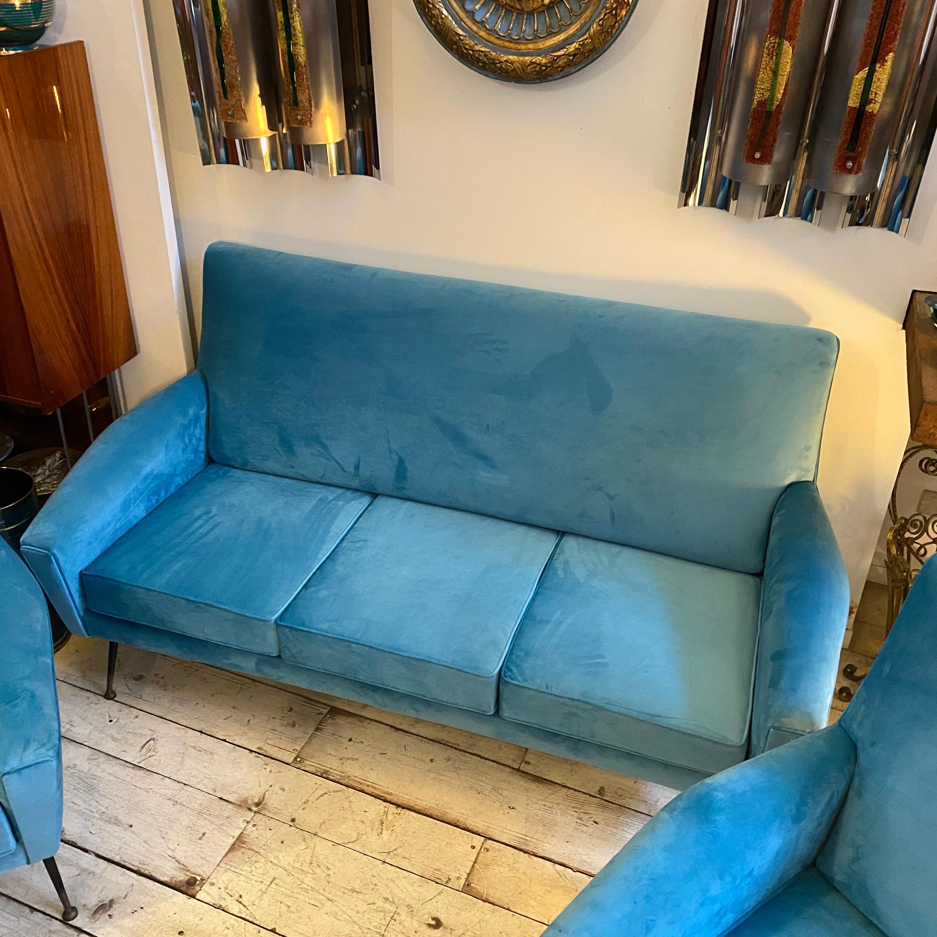 1960s Mid-Century Modern Blue Velvet and Brass Italian Sofa and two Armchairs 8